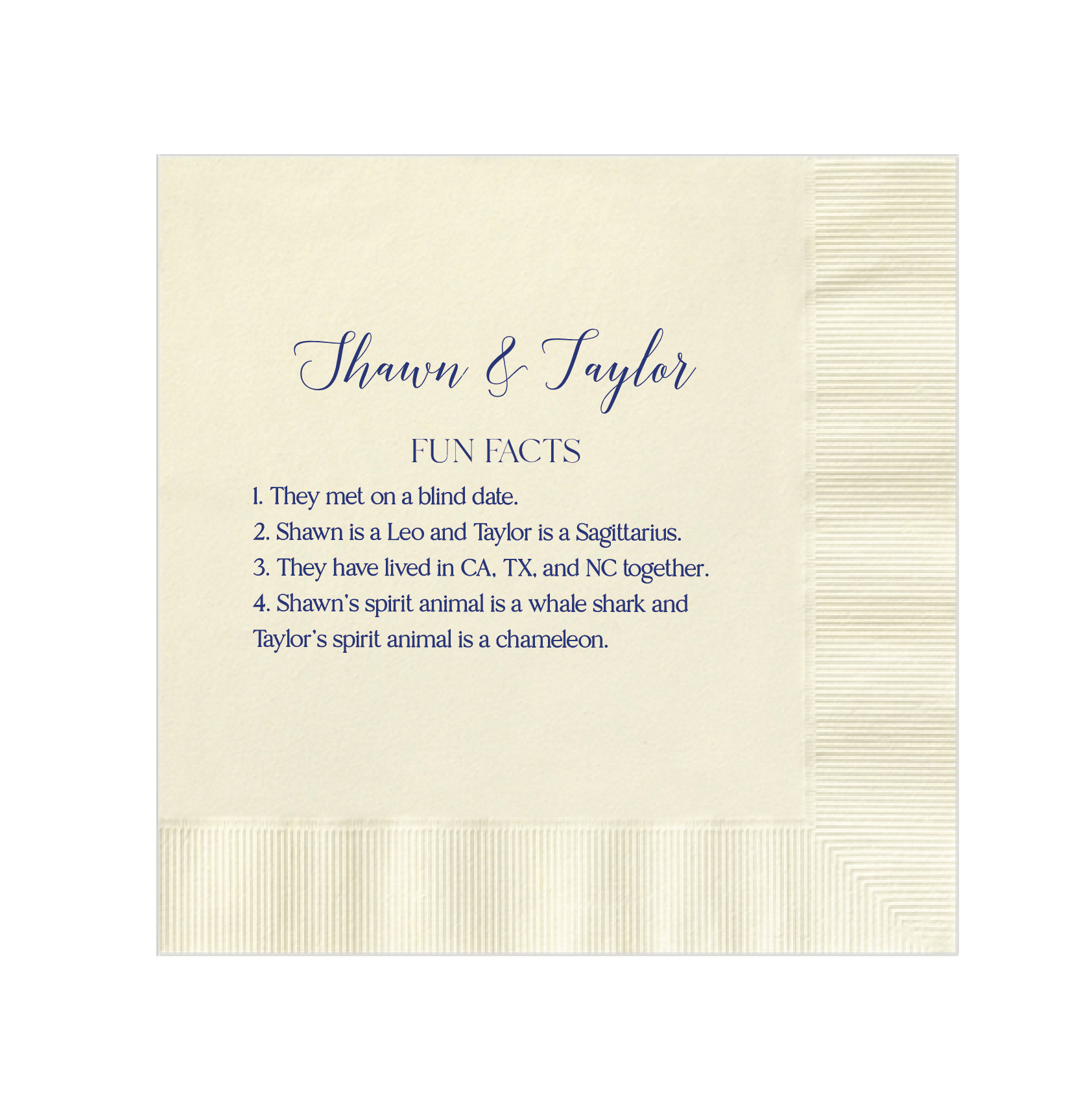 Custom Fun Fact Napkins for Wedding Reception - Napkins - Foil Stamped - Fun Fact
