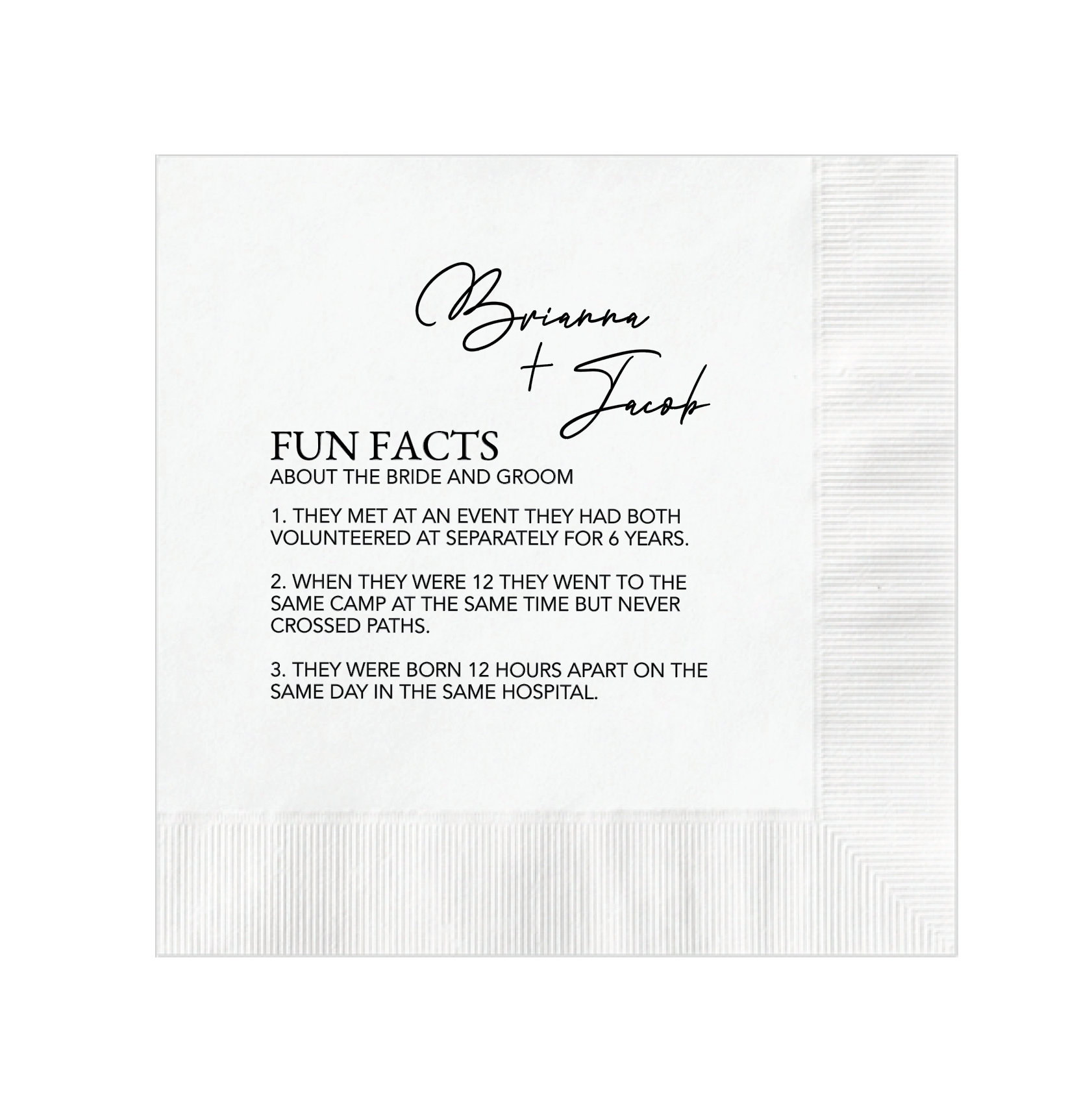Reception Napkins with Fun Wedding Facts - Napkins - Foil Stamped - Fun Fact
