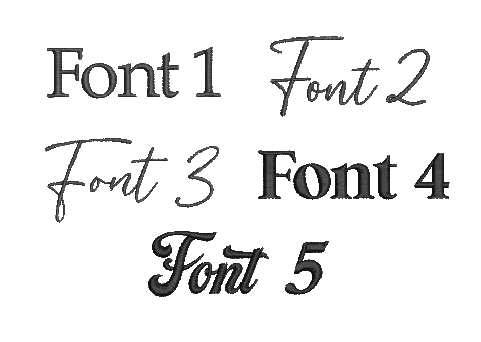 Five font style options displayed for personalized text, including serif, script, and bold typefaces for customization.