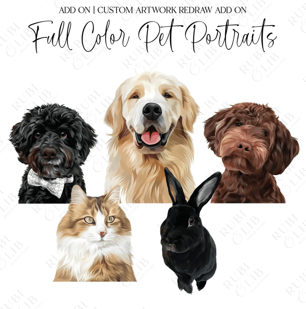 Full color pet portrait artwork featuring a black poodle, golden retriever, brown dog, tan and white cat, and black rabbit on white background.