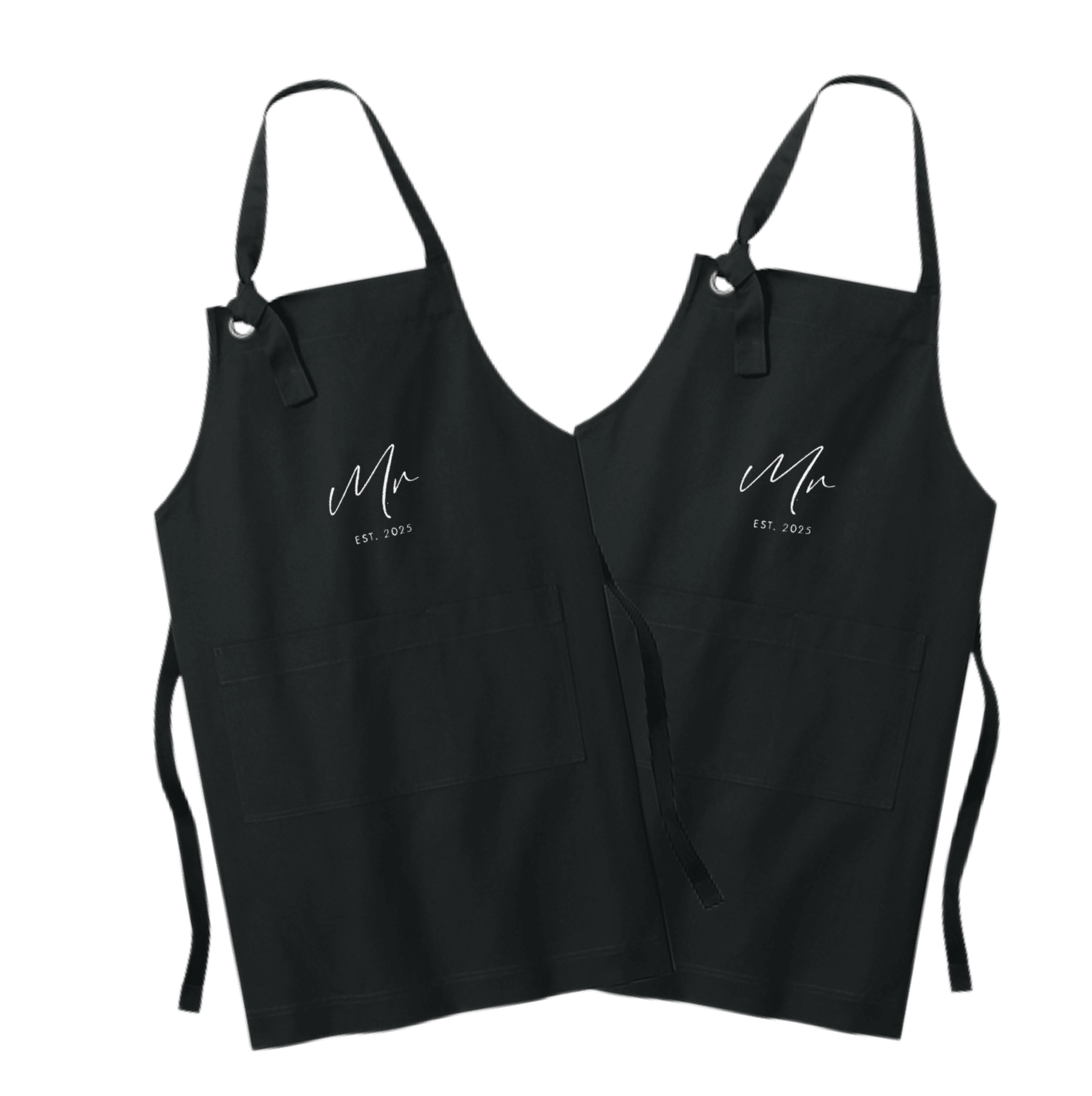 Black aprons with "Mr" and "Mrs" embroidered in script, displayed as a pair with adjustable straps and front pockets