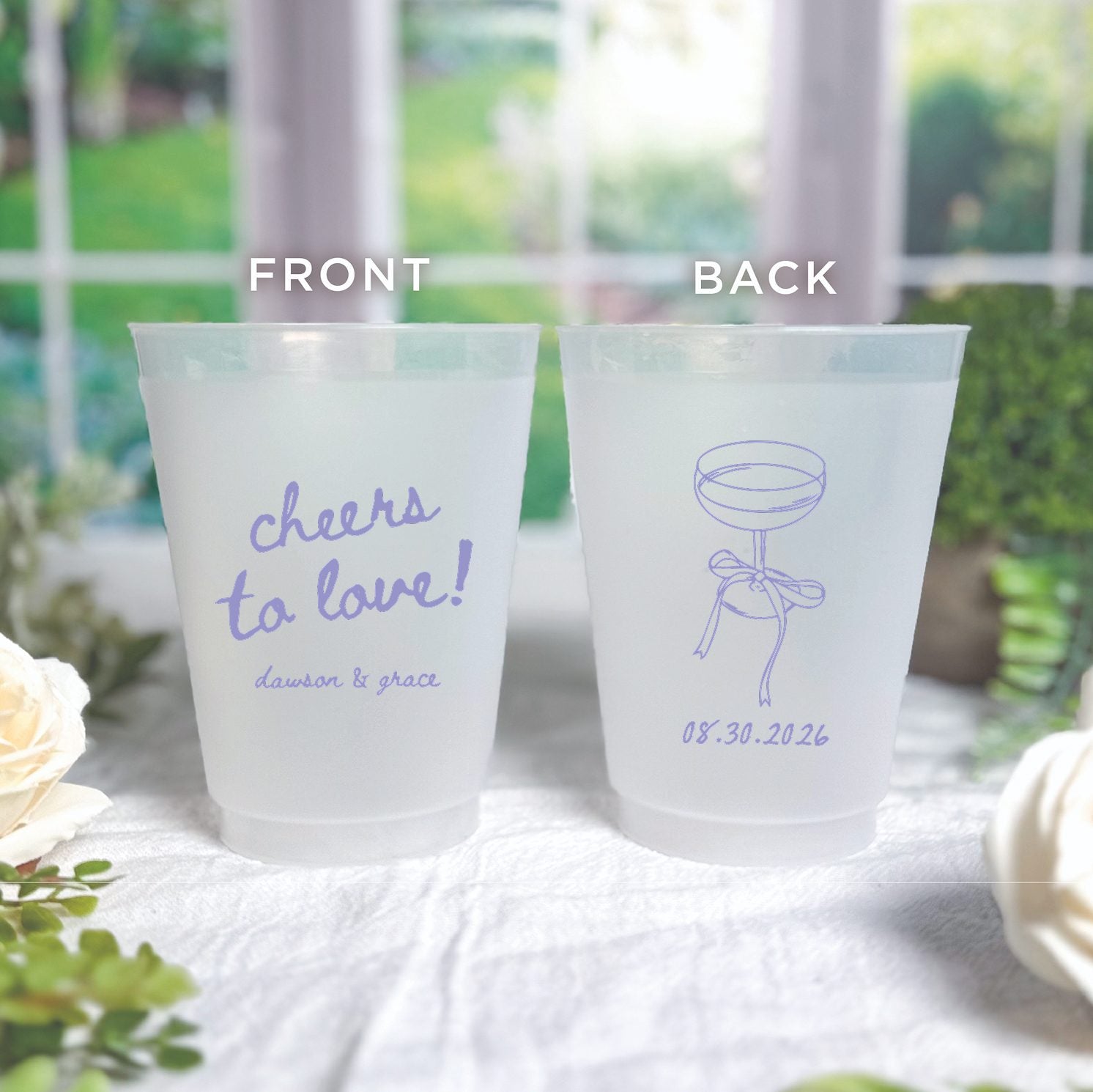 Personalized frosted shatterproof cups showing front and back – Cheers to Love design with couple's names and date