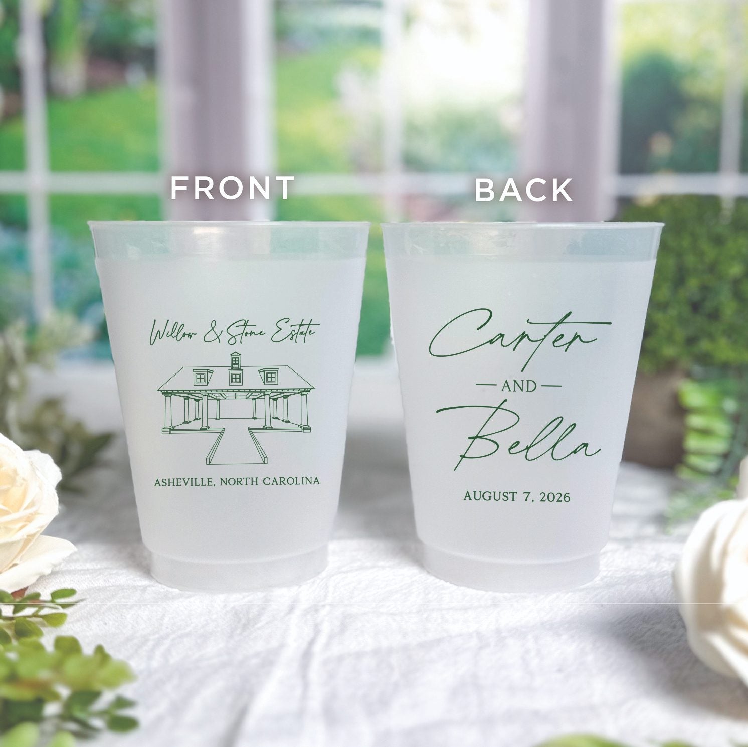 Personalized frosted shatterproof cups showing front and back with venue stacked names design featuring couple's names, venue, and wedding date