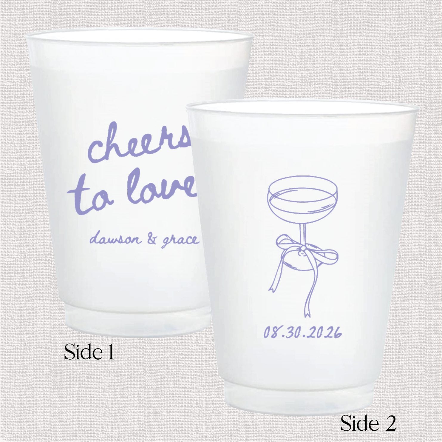 Two frosted shatterproof cups side by side showing both sides of the Cheers to Love personalized wedding cup design