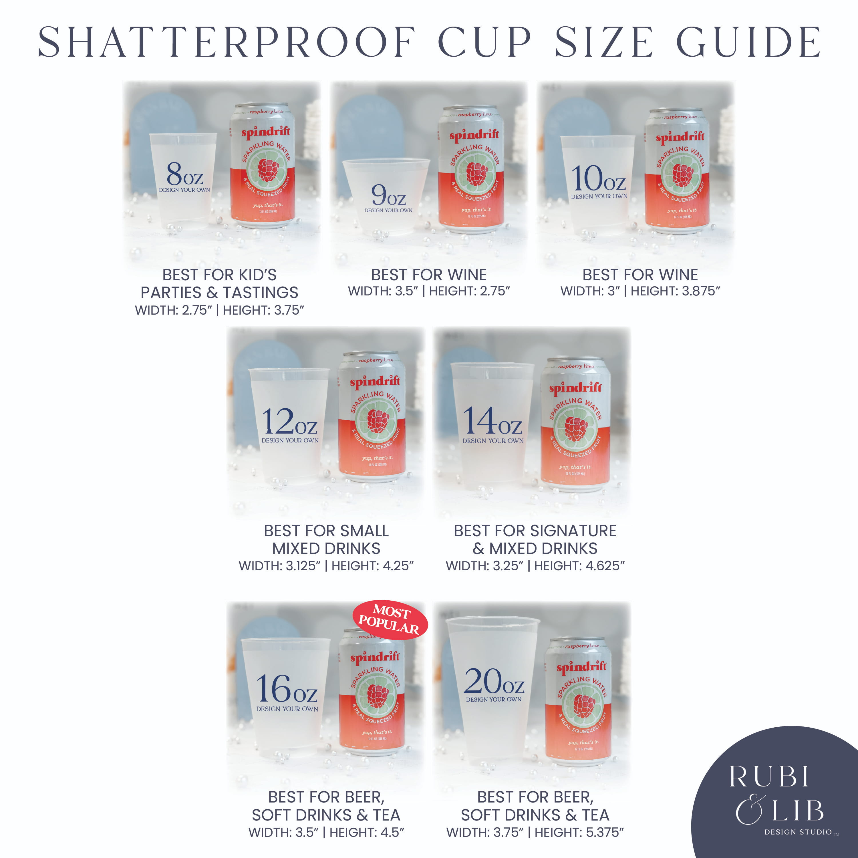 Shatterproof cup size guide showing frosted plastic cups in 8oz, 9oz, 10oz, 12oz, 14oz, 16oz, and 20oz with pink and white That's Amore bridal shower design.