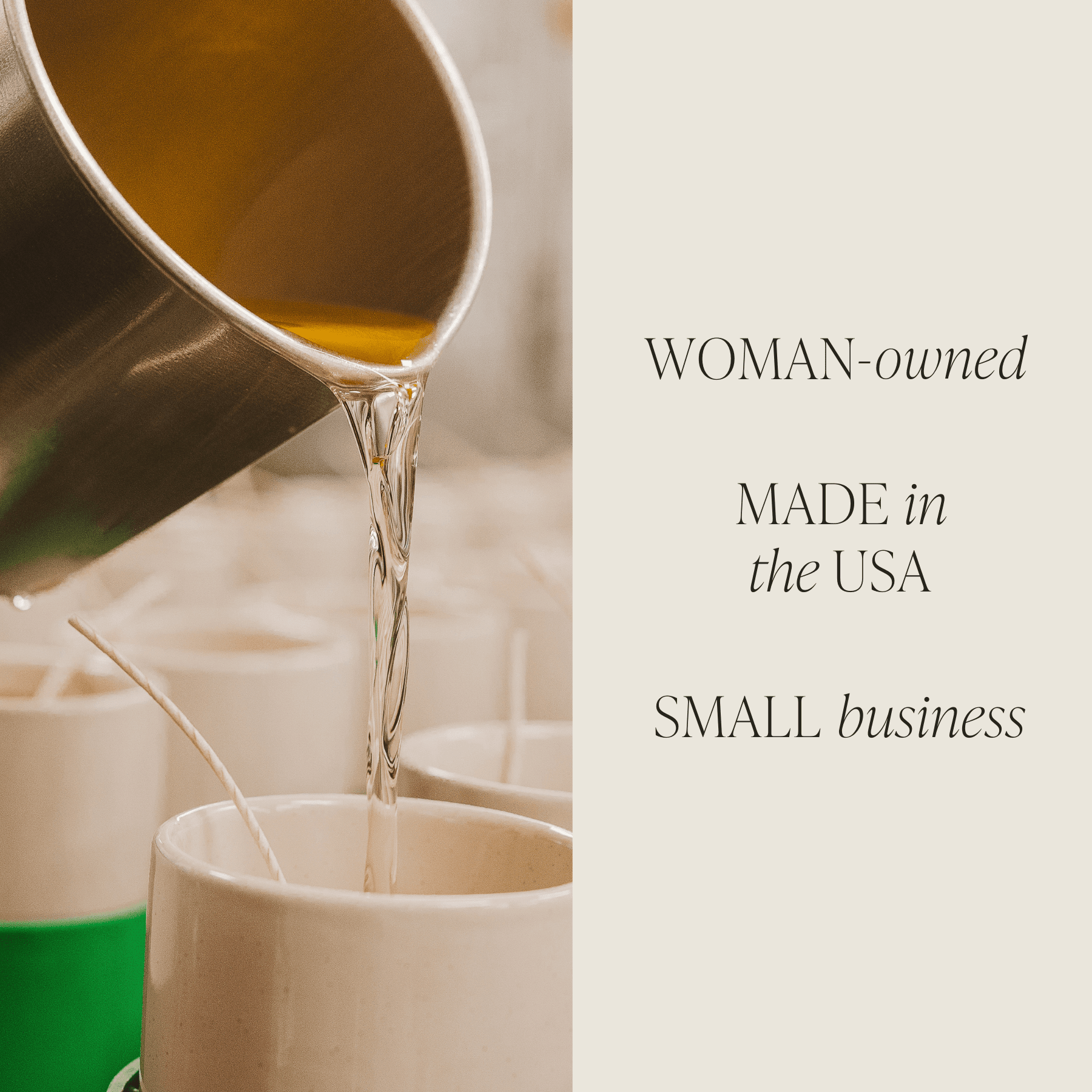 Honey-colored liquid pouring from a glass pitcher into a white matte ceramic candle jar, with text reading "WOMAN-owned MADE in the USA SMALL business"