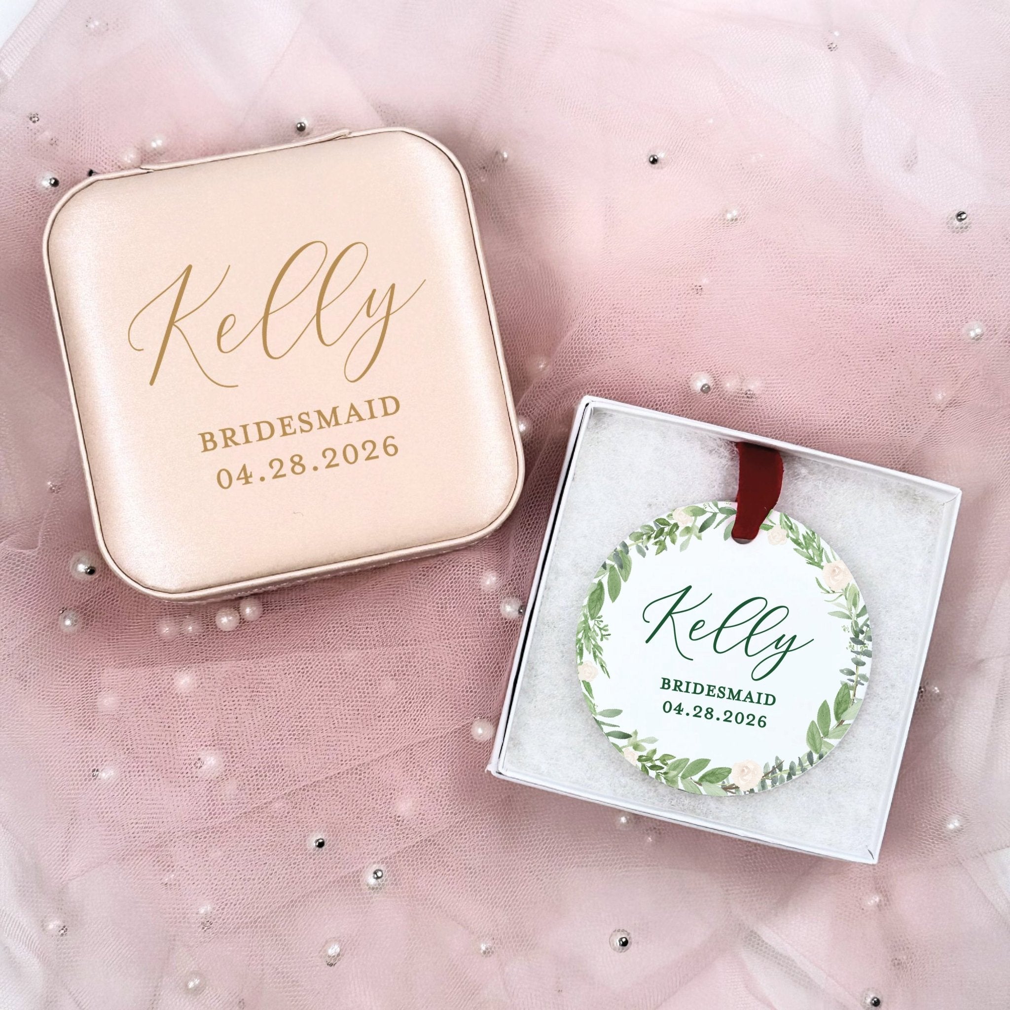 Personalized bridesmaid jewelry case and ornament gift set with script name, greenery wreath design, and wedding date in g...