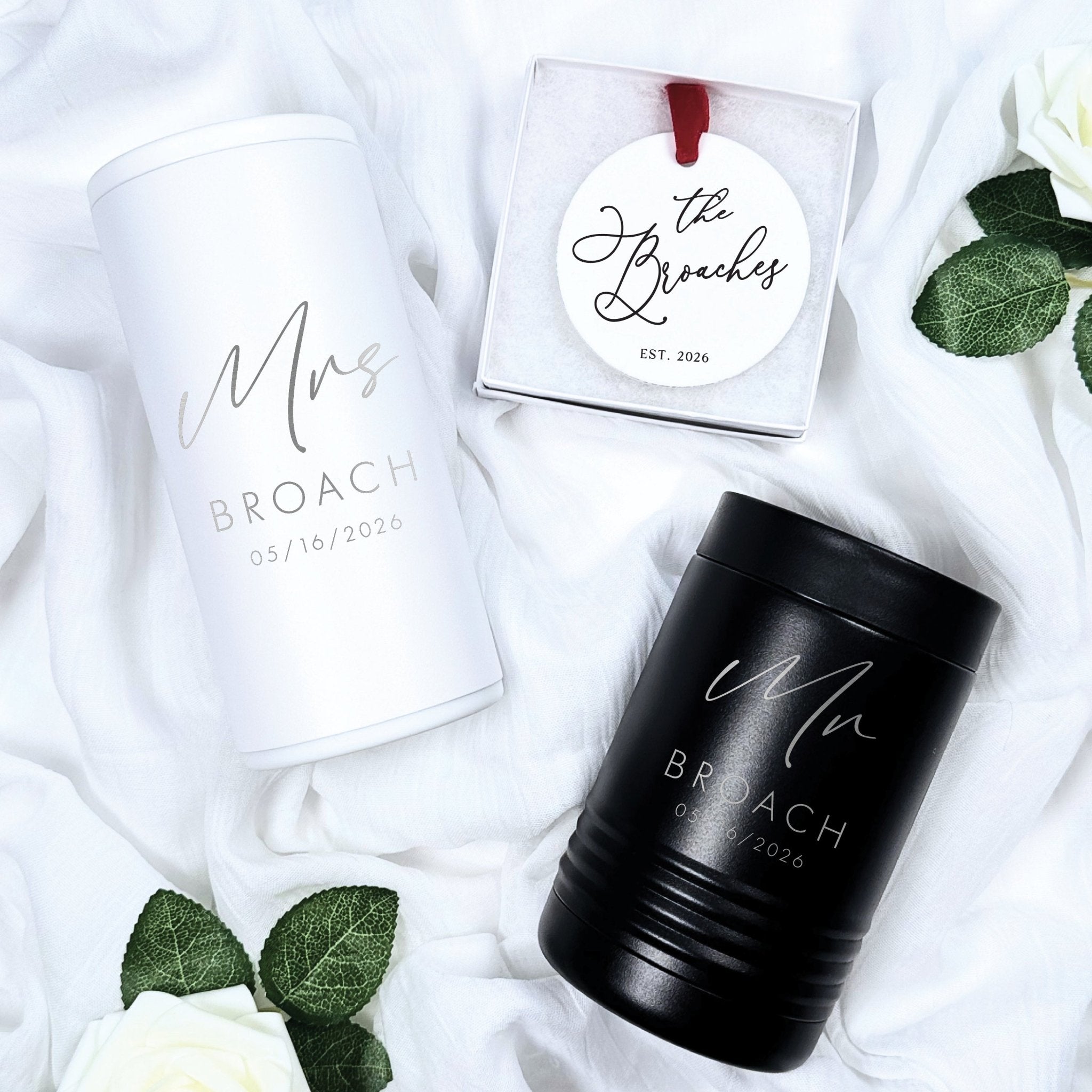 White and black can coolers with personalized couple text and ornament, wedding gift set
