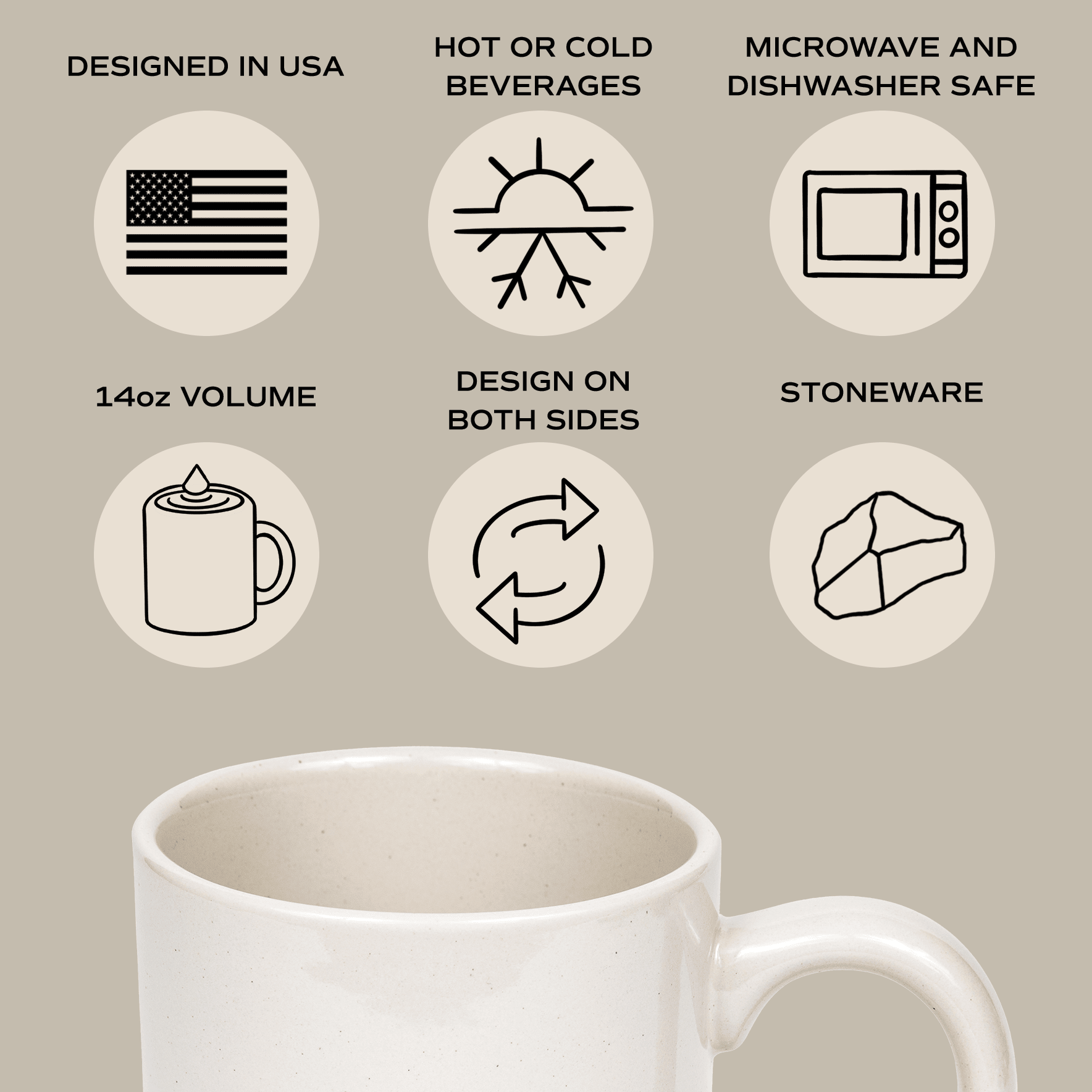 White stoneware mug with American flag design, shown with product feature icons for hot/cold beverages, dishwasher safe, and 14oz capacity.