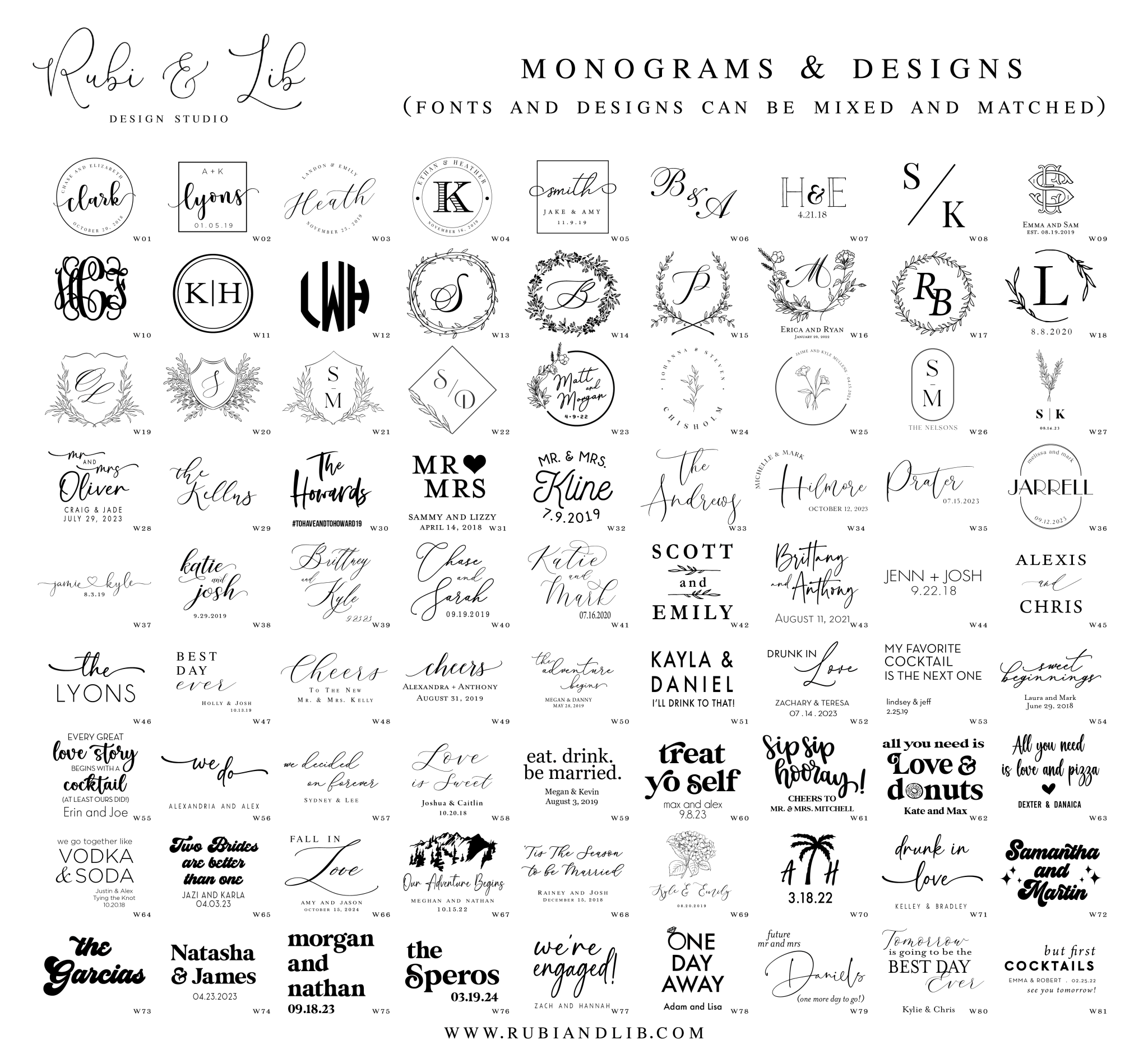 Collection of 80+ monogram and wedding design options for personalized napkins, featuring script fonts, wreath styles, and...