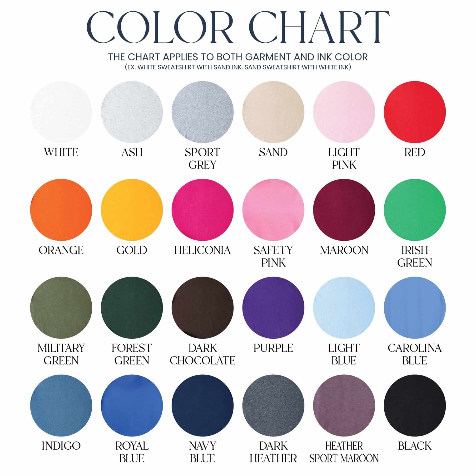 A comprehensive chart displaying 24 circular swatches of various garment and ink colors, including shades of white, grey, pink, red, orange, yellow, maroon, green, brown, purple, and blue, for personalized wedding and event apparel.