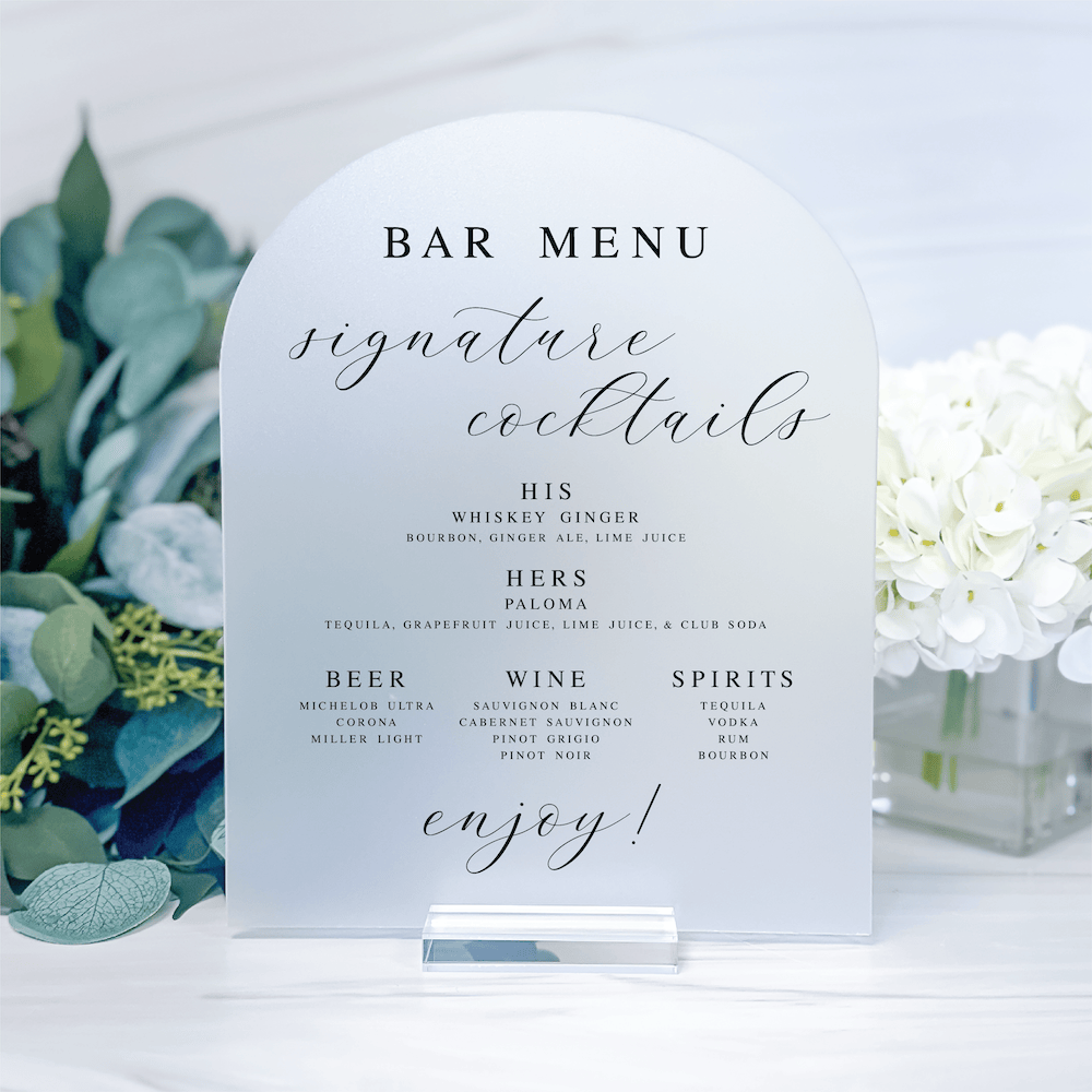 Acrylic Wedding Bar Menu Sign