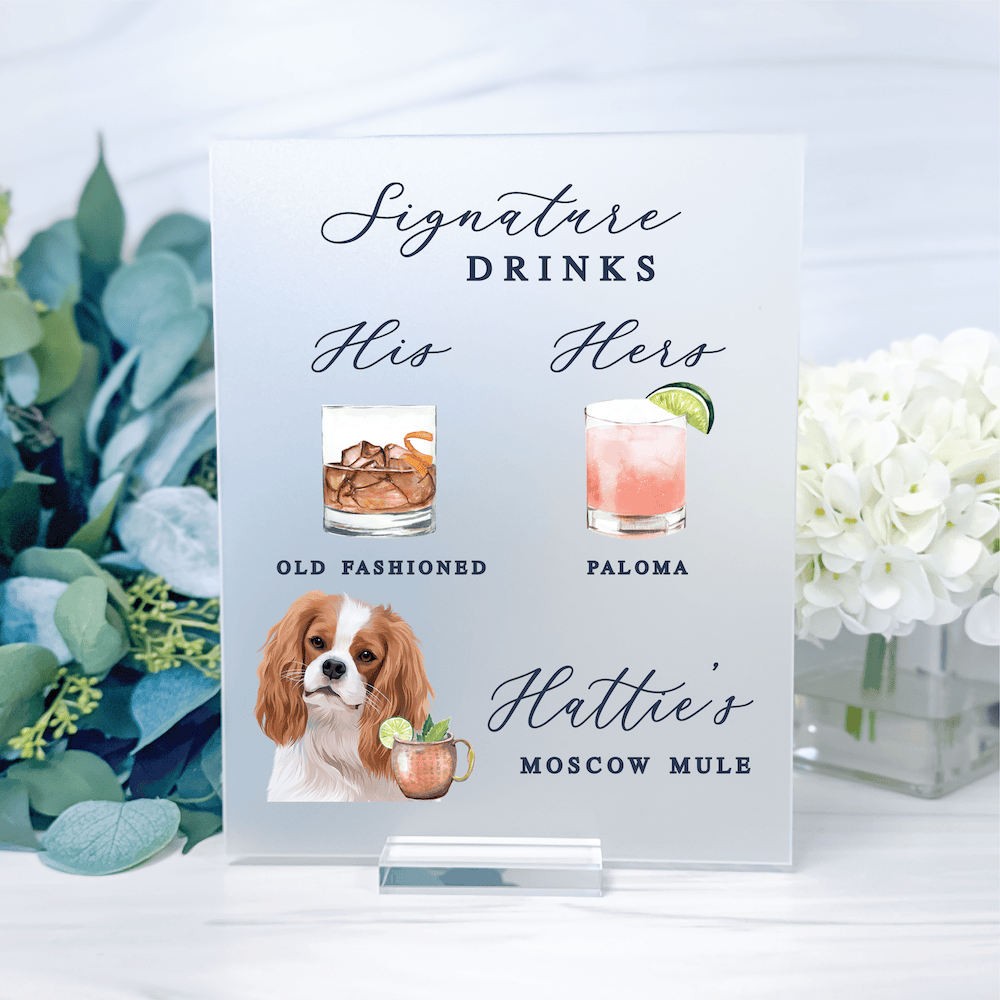 Elegant Signature Drinks Custom Illustrated Pet Bar Sign