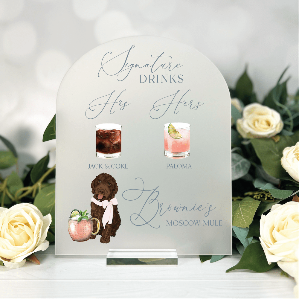 Elegant Signature Drinks Custom Illustrated Pet Bar Sign - Bar Menu - Arch