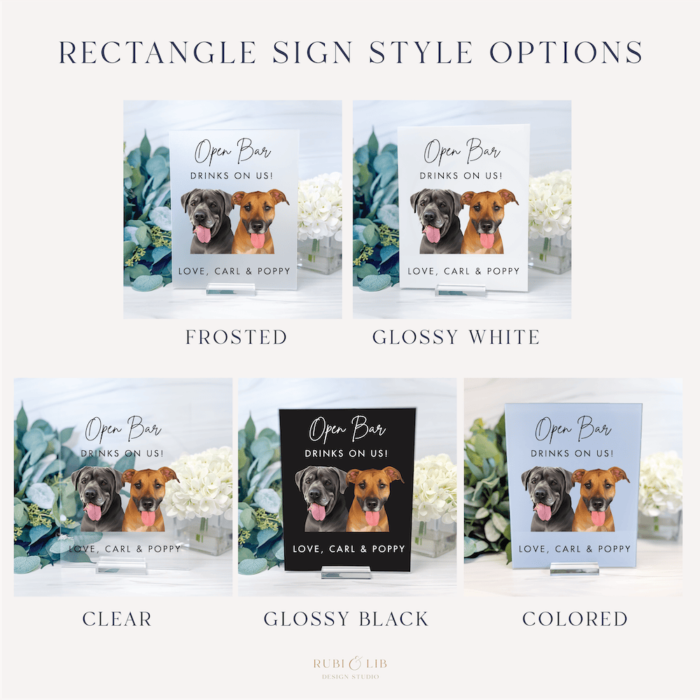 Open bar sign style options showing frosted, glossy white, clear, glossy black, and colored finishes with custom pet illustrations and greenery design.
