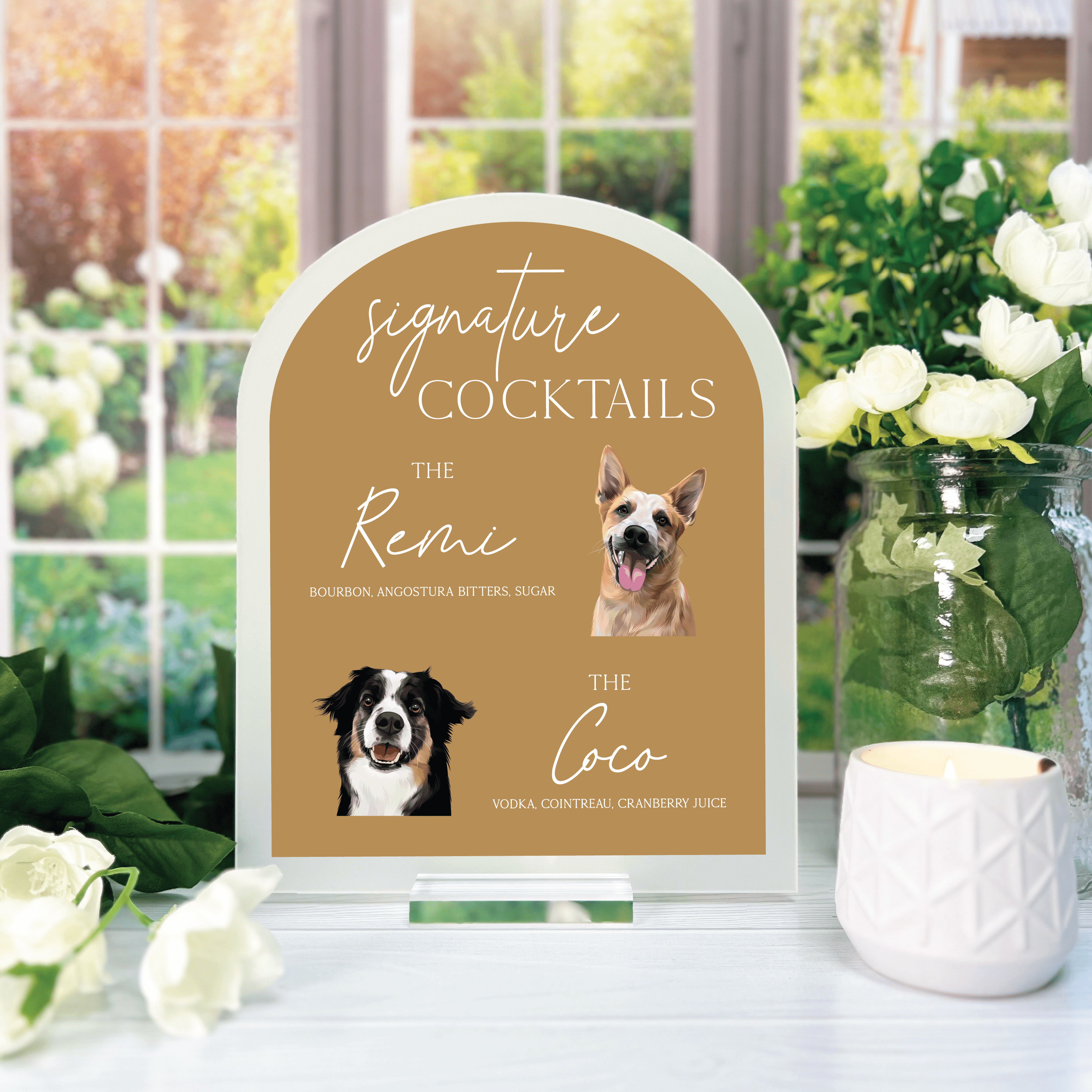Signature Cocktails Sign Featuring Custom Illustrated Pet - Bar Menu - Arch