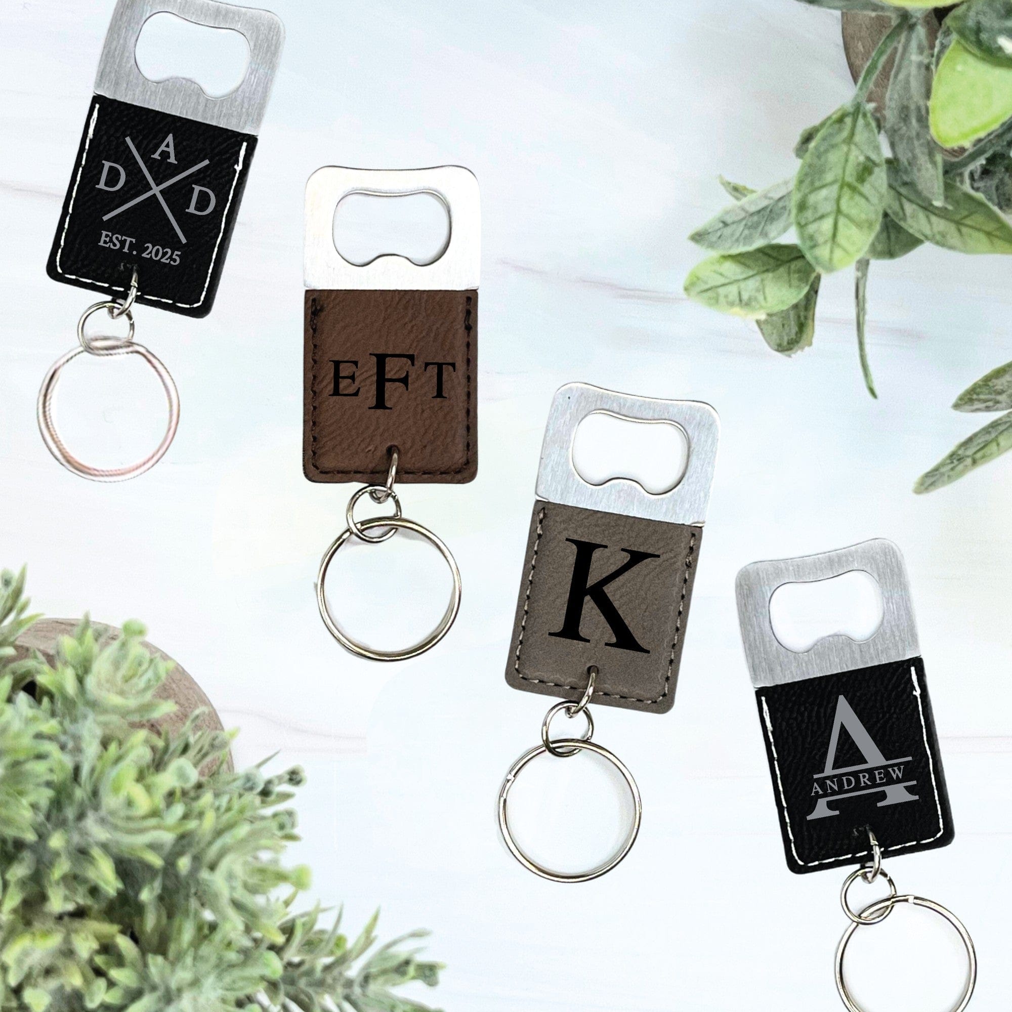 A set of personalized bottle opener keychains featuring brushed silver metal and various colors of faux leather, perfect for practical use and as custom gifts or event favors.