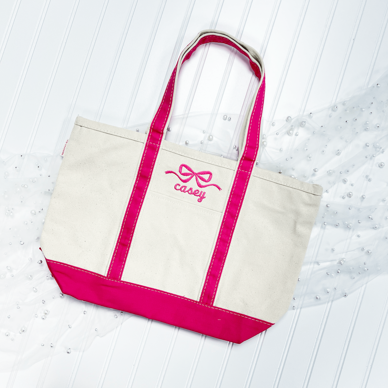 Personalized Bow Canvas Tote Bag - Embroidery - Tote Bag