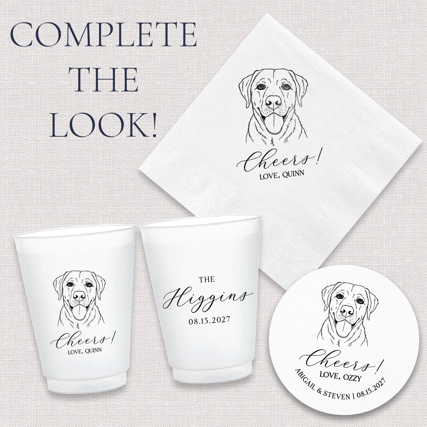 A complete look bundle of personalized wedding or event decor, featuring white disposable cups, square paper napkins, and round paper coasters, all adorned with a black outline illustration of a cheerful Labrador dog.
