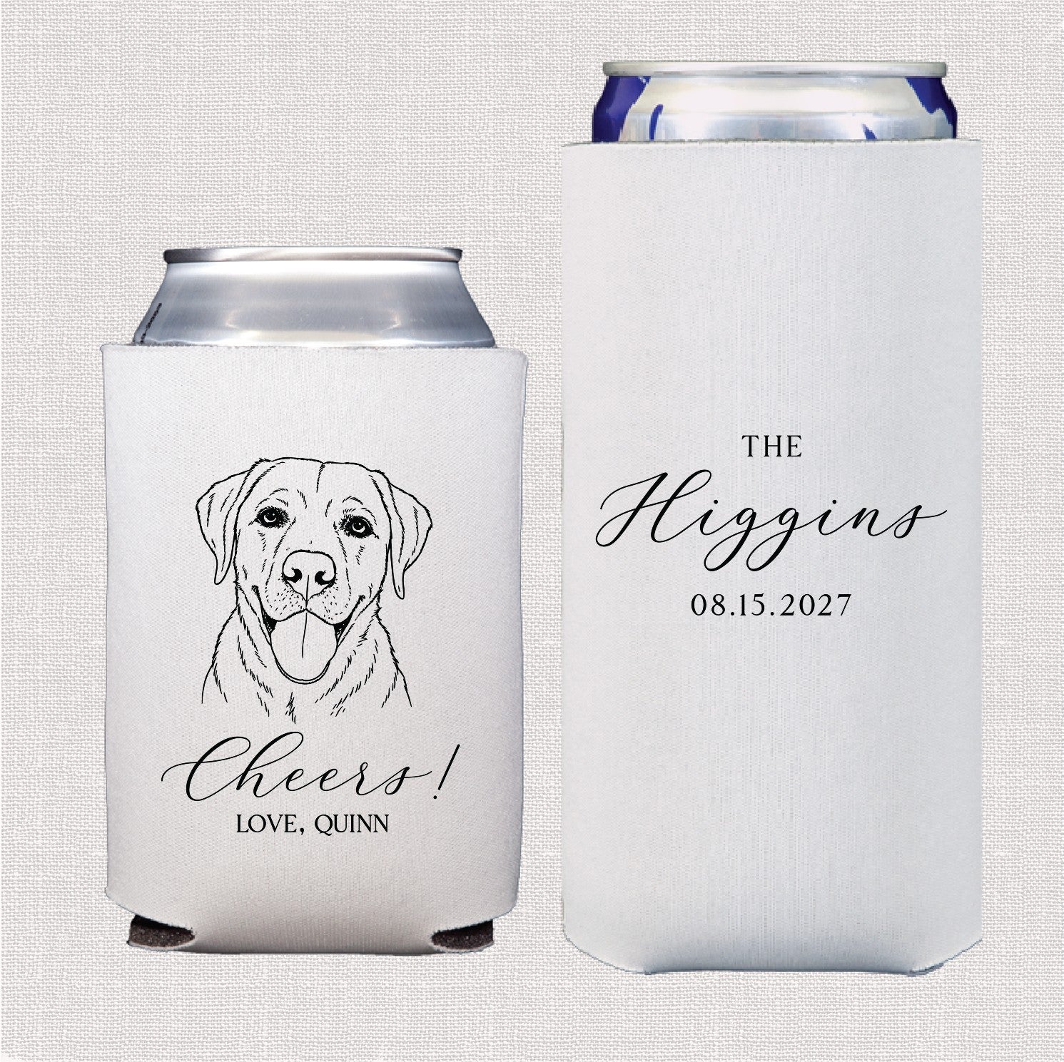 A set of white fabric can coolers for regular and slim cans, featuring a black line art dog illustration and personalized event typography, designed to keep beverages cool for a wedding.
