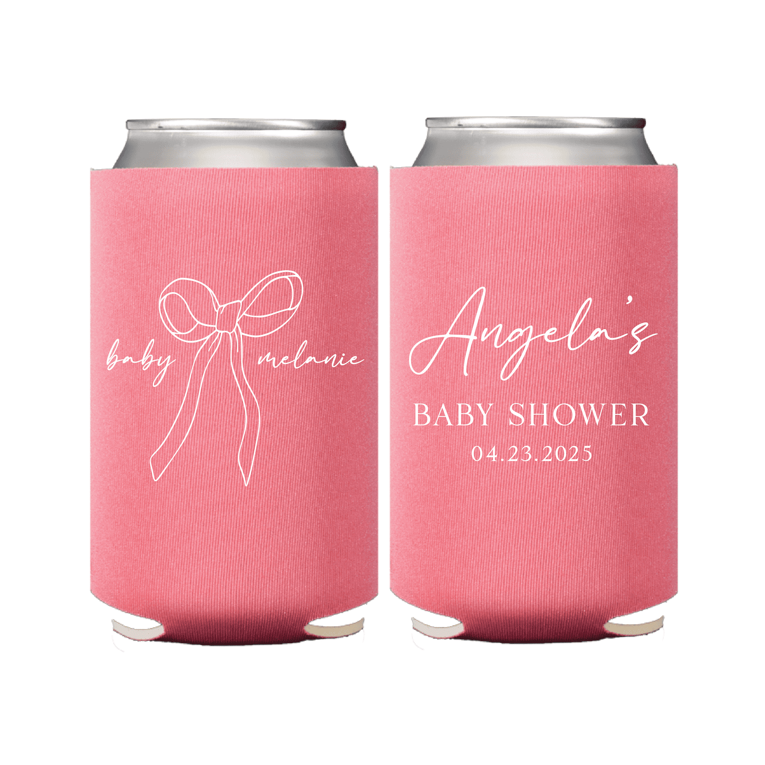 Pink neoprene can coolers with white bow design and personalized text reading "Angela's Baby Shower 04.23.2023"