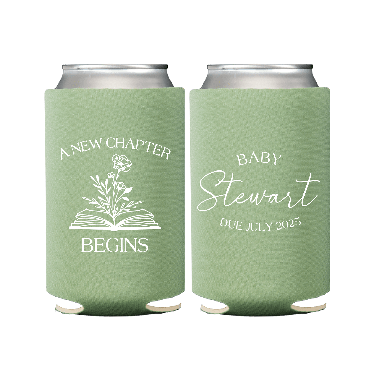 Baby shower can cooler with “A New Chapter Begins” floral book design and personalized baby name