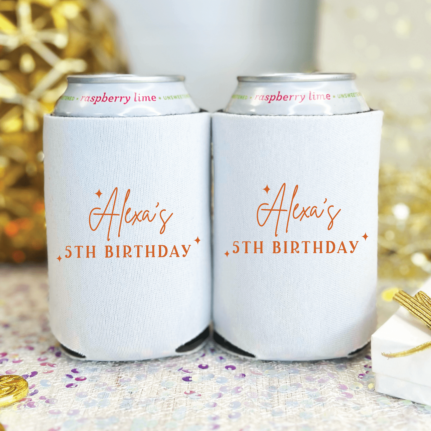White can coolers with rose gold "Alexis 5th Birthday" text, displayed as a pair with gold party decorations