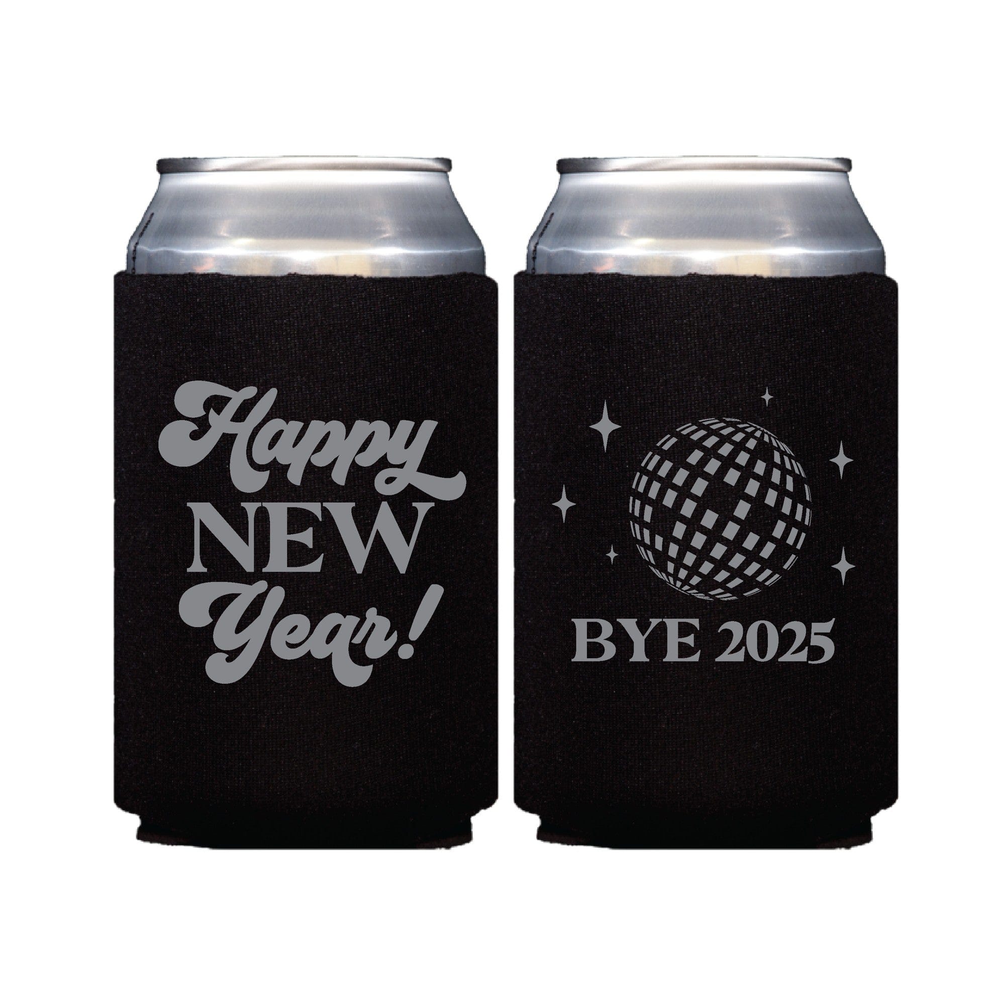 A black foam or neoprene can cooler featuring a grey New Year's themed design with a celebratory message on one side and a disco ball with stars on the other, ideal for keeping beverages cold at a festive event.