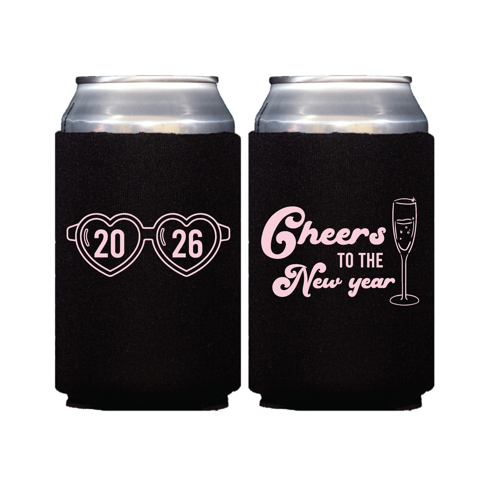 Two black neoprene can coolers are featured, one side depicting pink heart-shaped glasses and the other side showing pink celebratory text with a champagne flute, perfect for keeping beverages cool at a New Year's party.