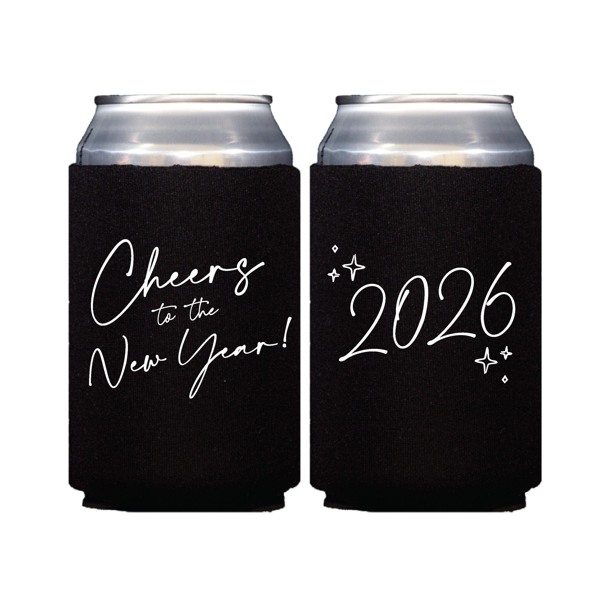 Two black fabric can coolers featuring white celebratory designs, perfect for keeping beverages cool at a New Year's celebration.