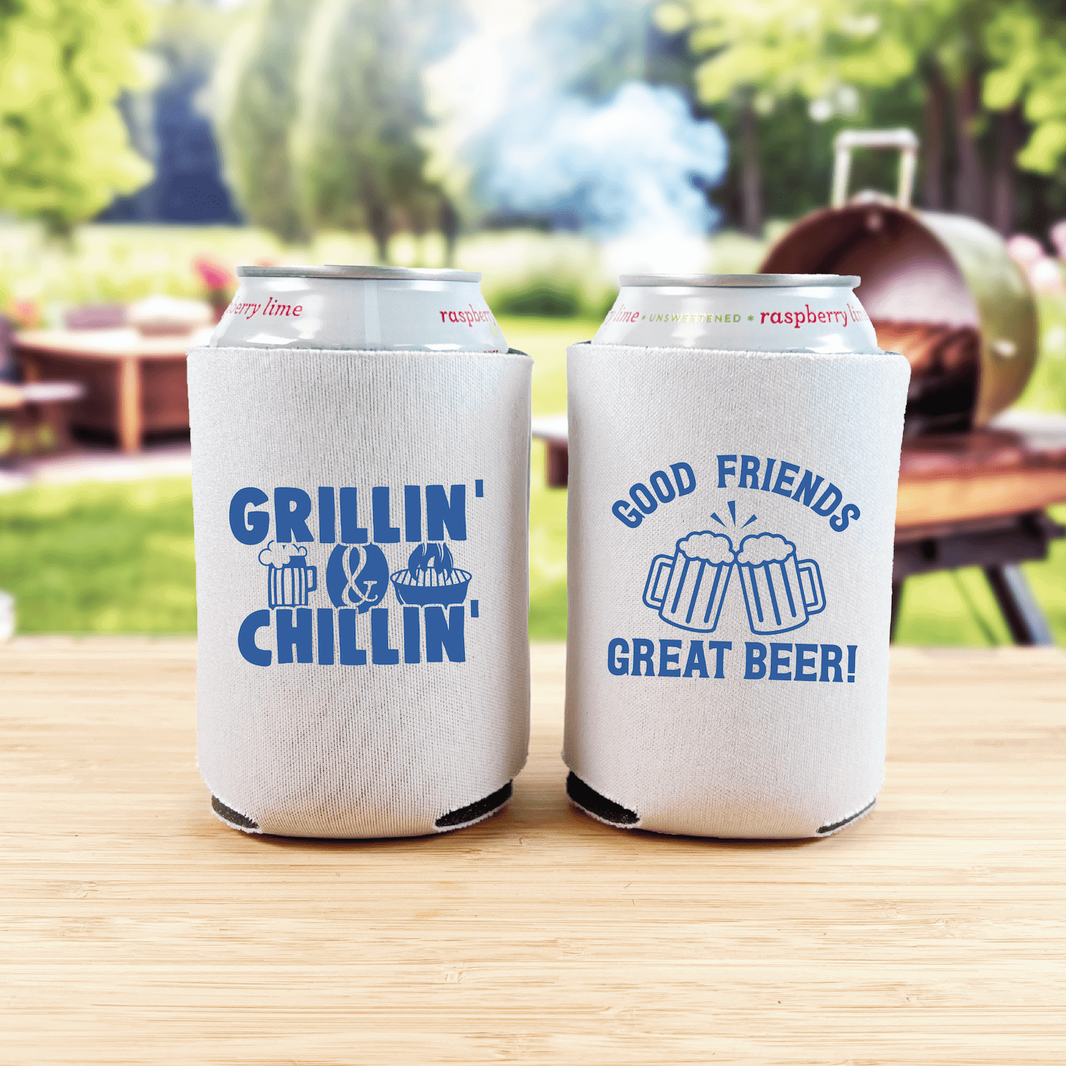 White foam can coolers with blue text, one reading "Grillin' and Chillin'" and the other "Good Friends Great Beer" with beer mug graphic, displayed outdoors.