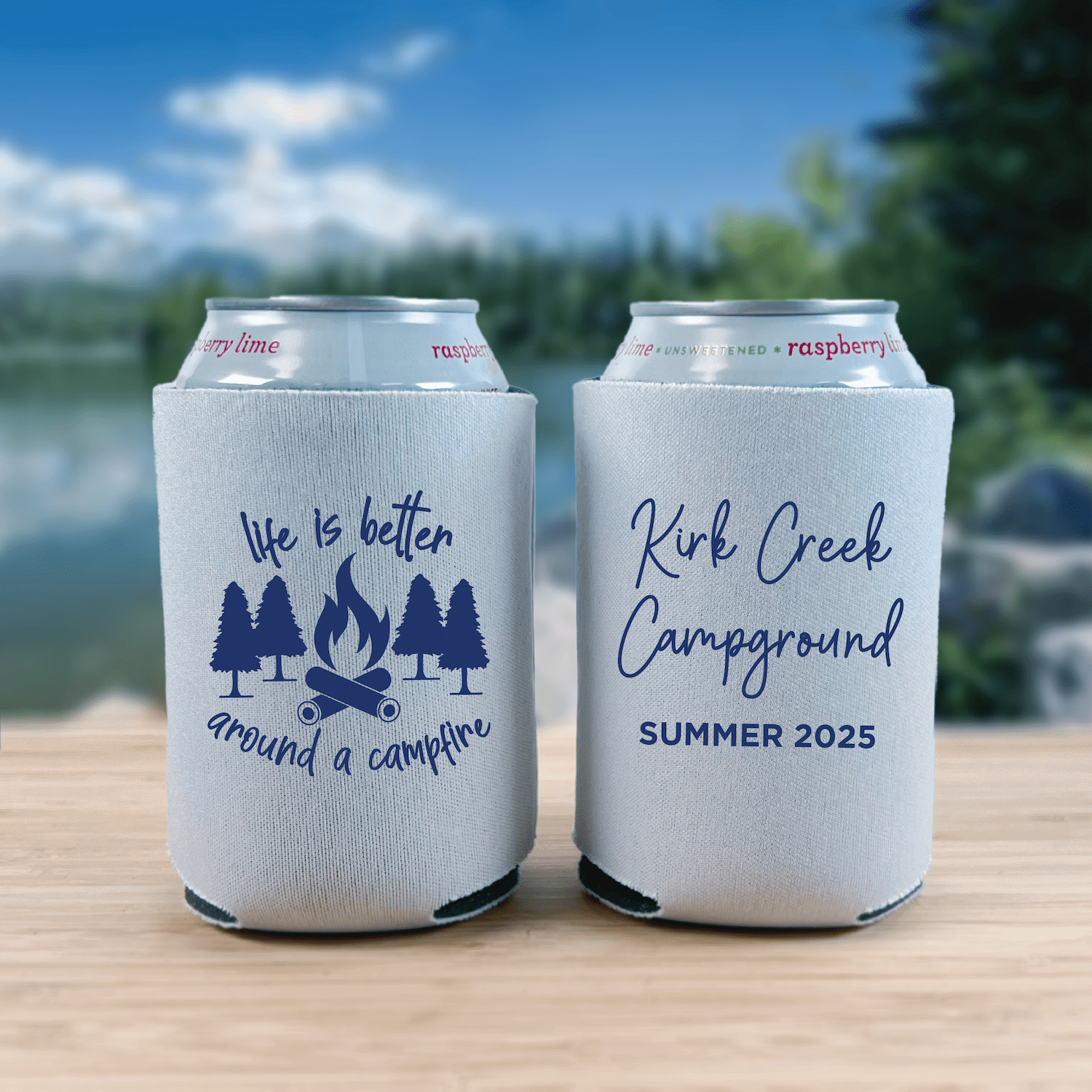 White can coolers with navy campfire design and personalized text reading "Life is Better Around a Campfire" and "Rock Creek Campground Summer 2025"