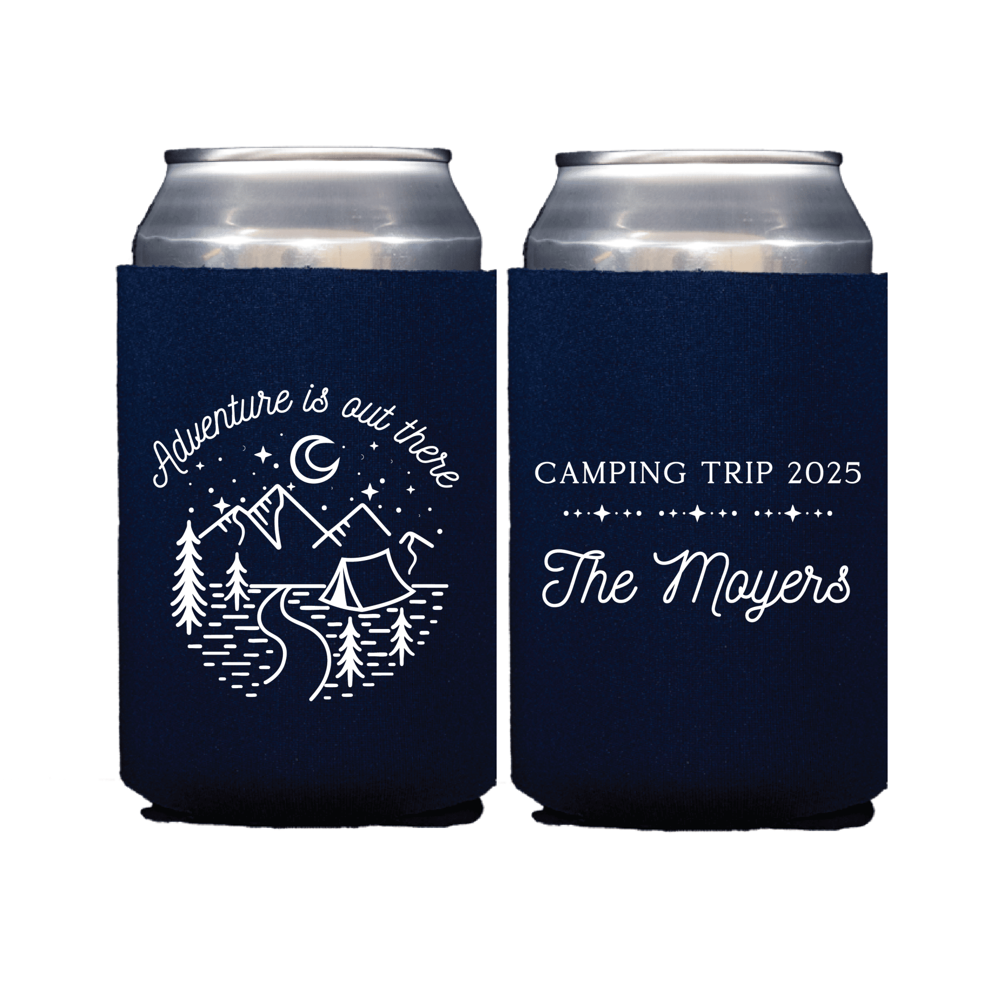 Pair of navy neoprene can coolers with white camping designs and "Adventure Is Out There" and "Camping Trip 2025 The Moyers" text