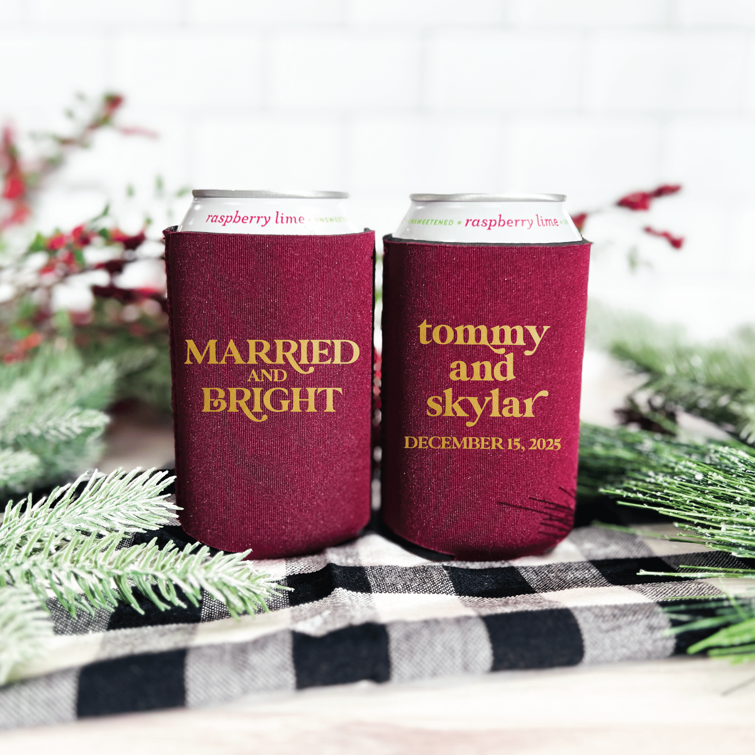 Married and Bright Personalized Wedding Can Coolers - Can Cooler