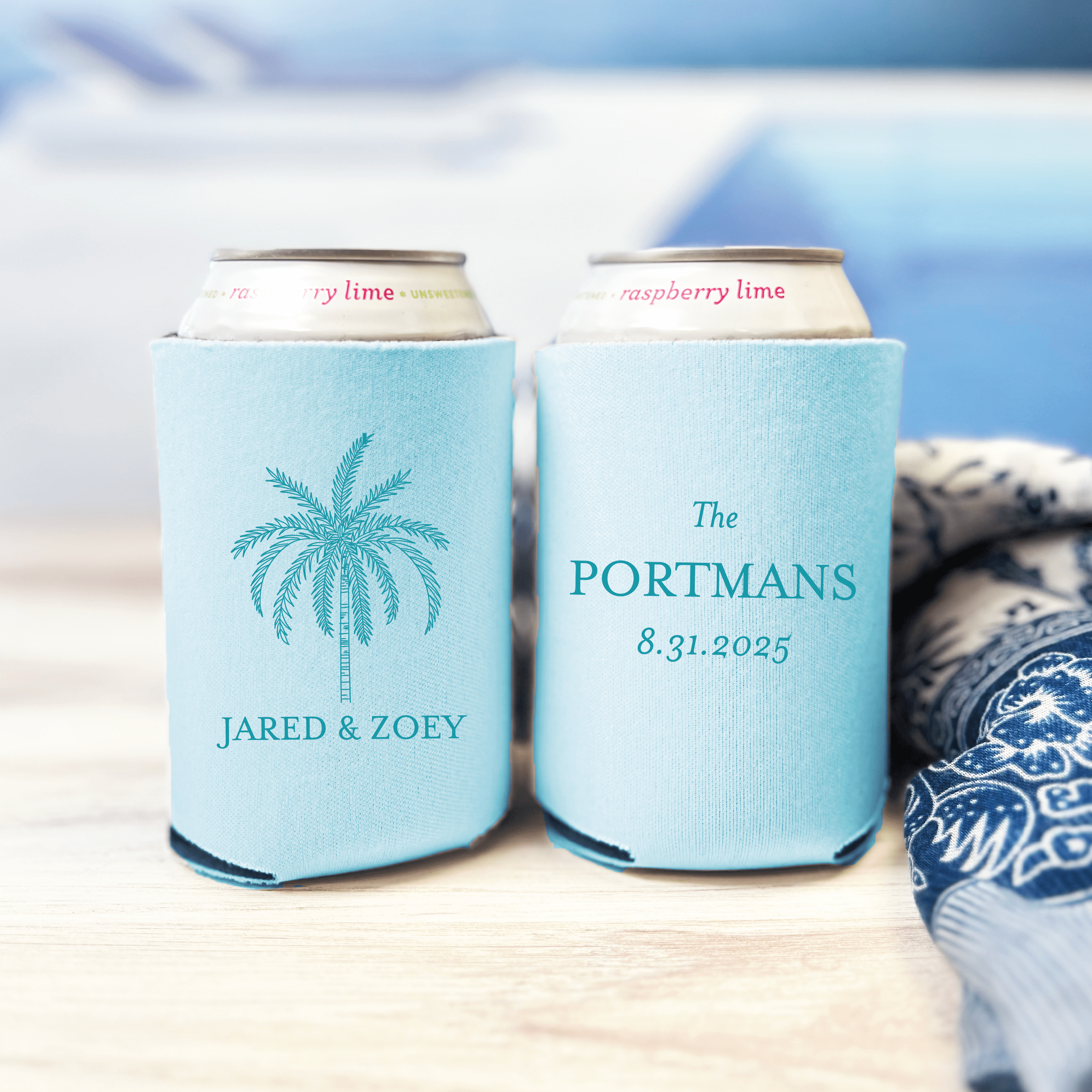 Palm Tree Last Name Wedding Can Coolers - Can Cooler