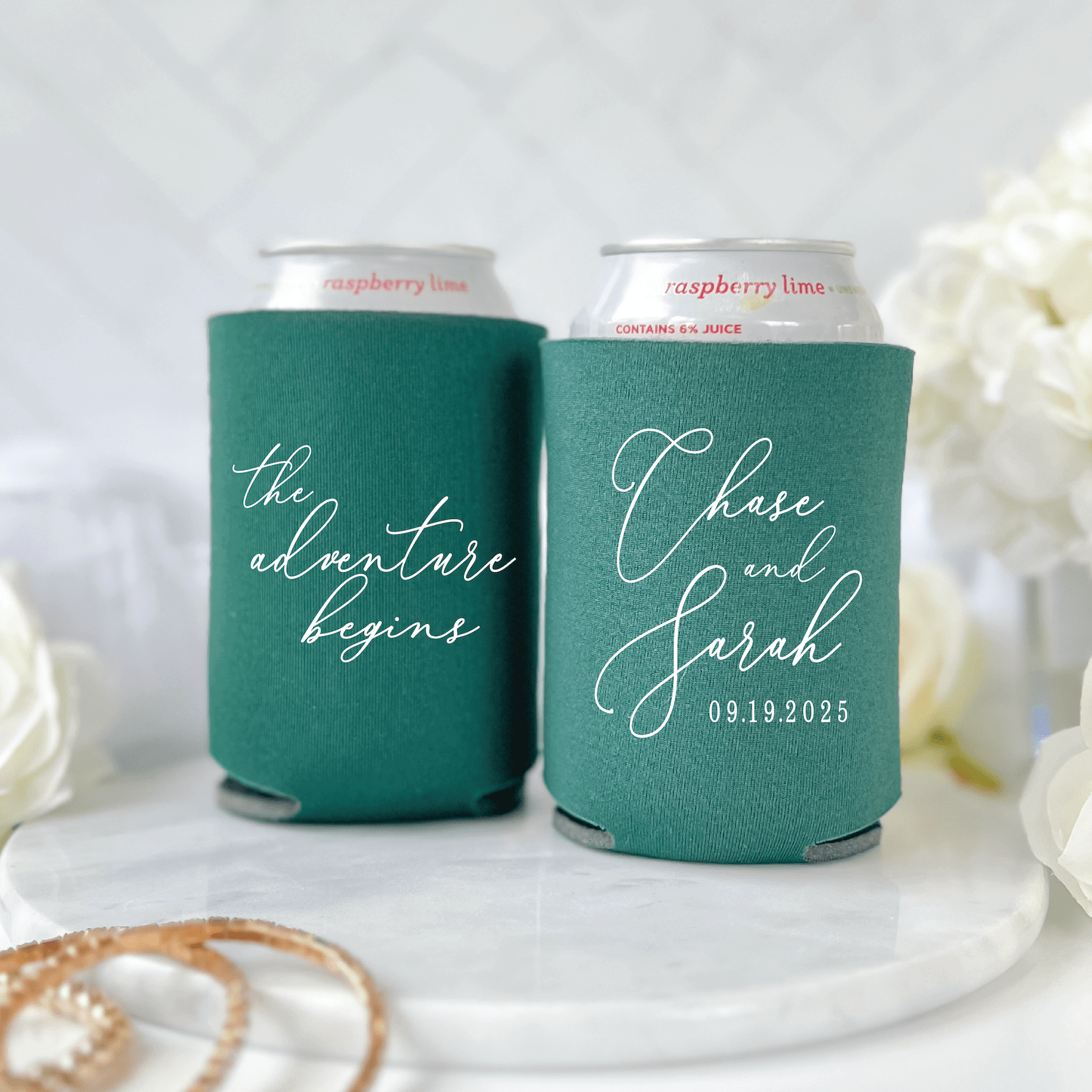 The Adventure Begins Script Wedding Can Coolers - Can Cooler