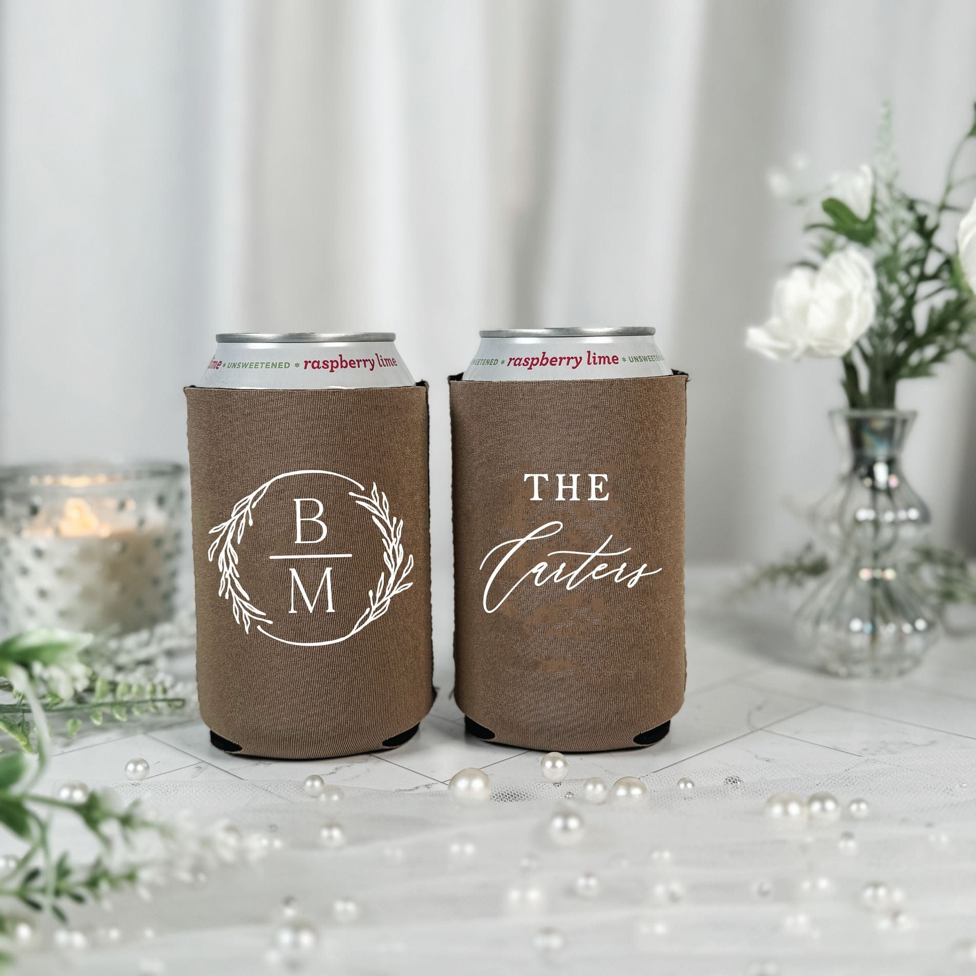 Wreath Monogram Script Wedding Can Cooler Brown – Rubi and Lib