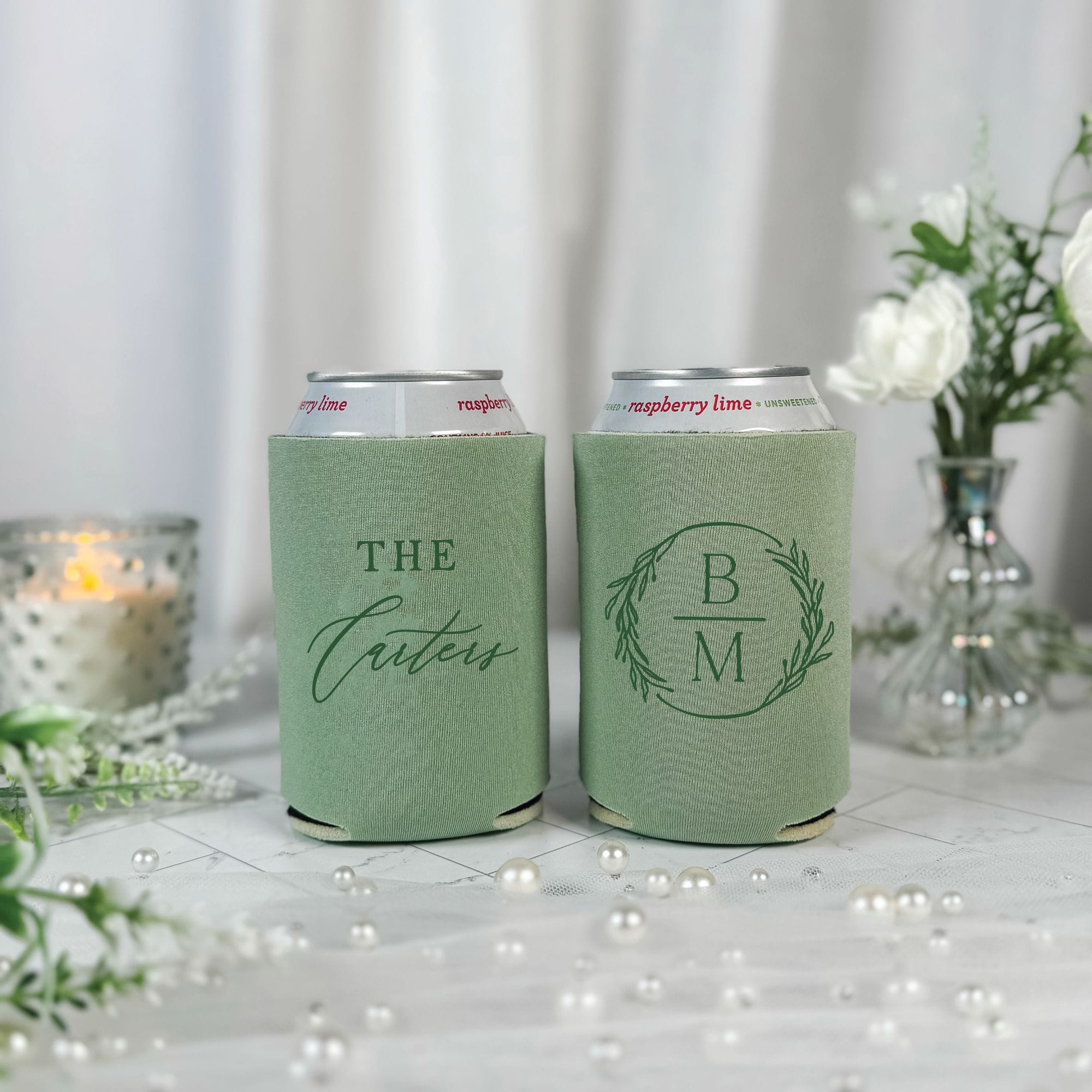 Wreath Monogram Script Wedding Can Cooler Sage Green – Rubi and Lib