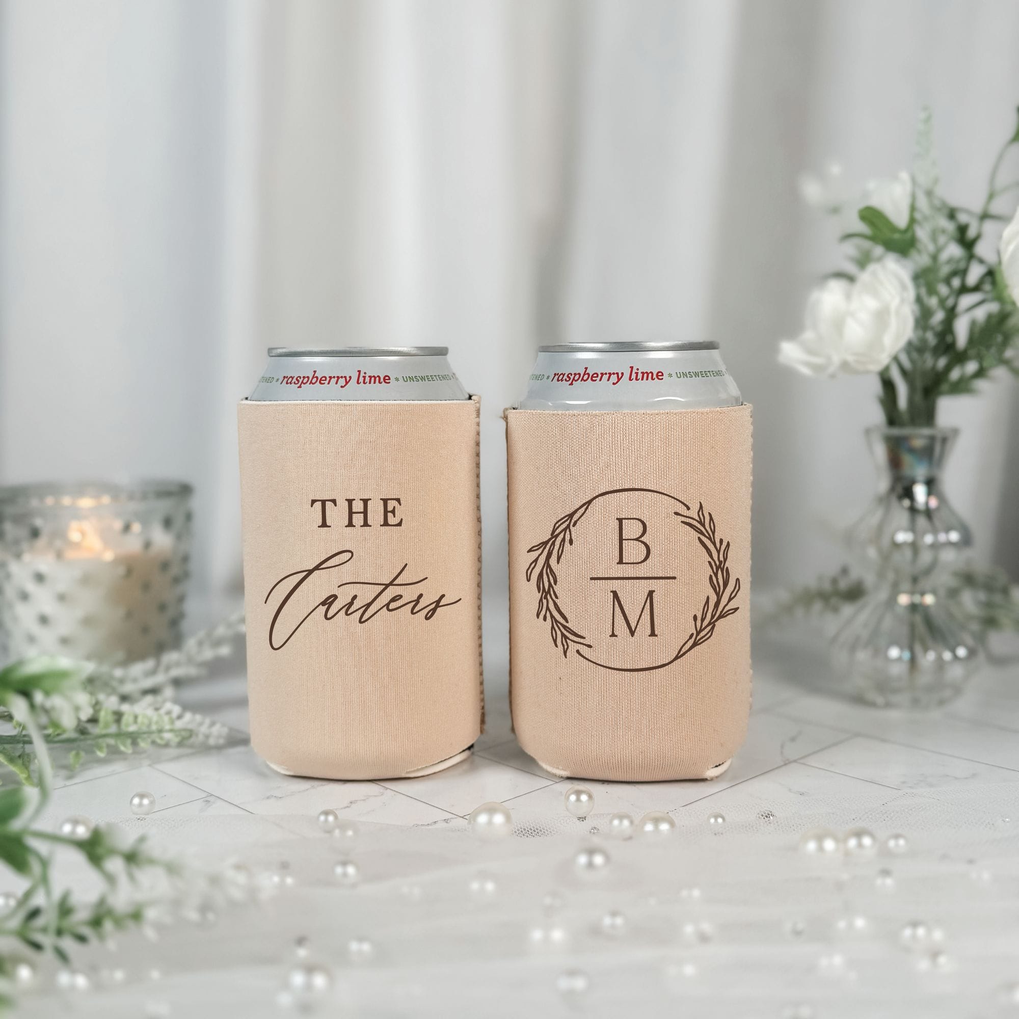 Wreath Monogram Script Wedding Can Cooler Blush Nude – Rubi and Lib