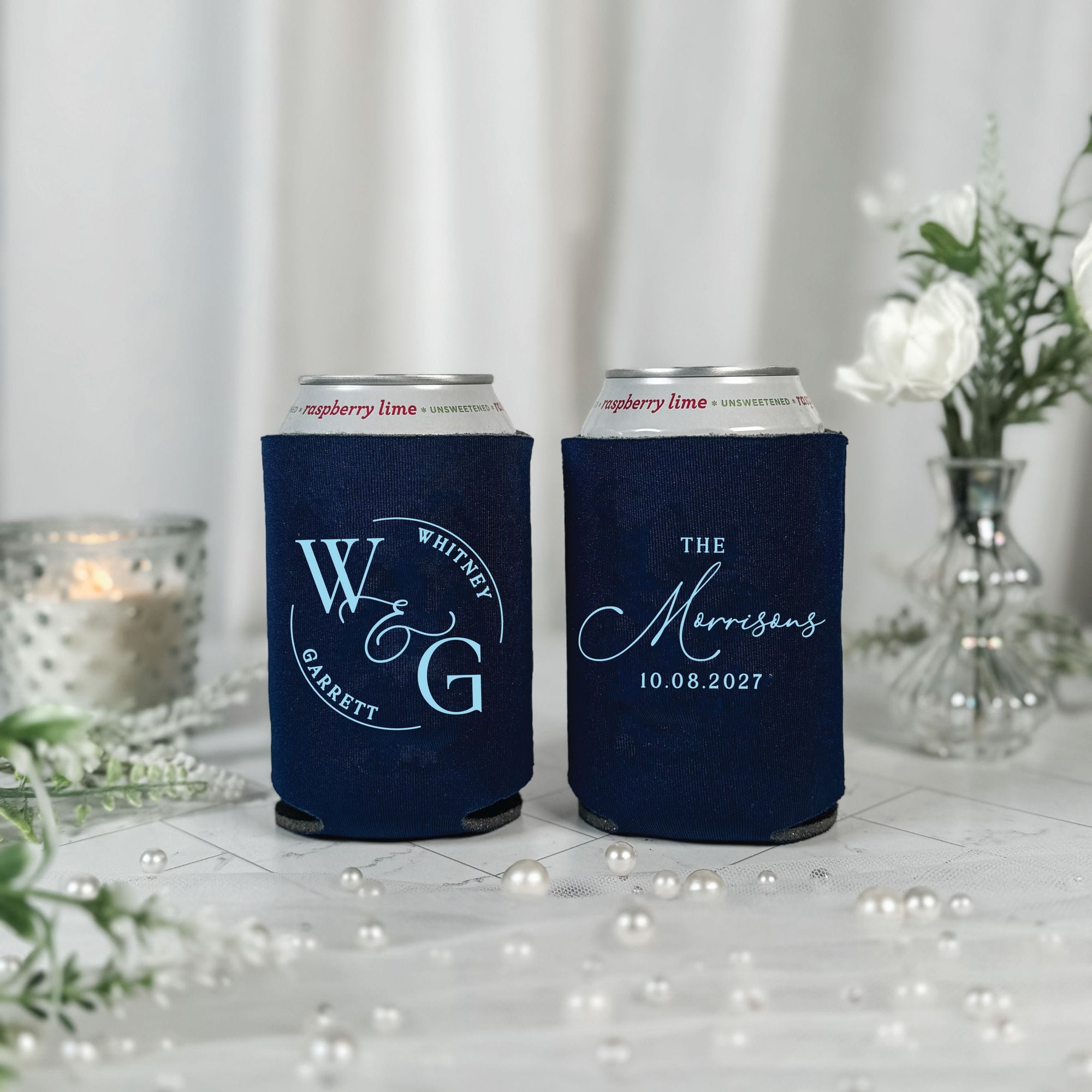 Circle Monogram Crest Wedding Can Cooler Navy Blue Both Sides Shown – Rubi and Lib