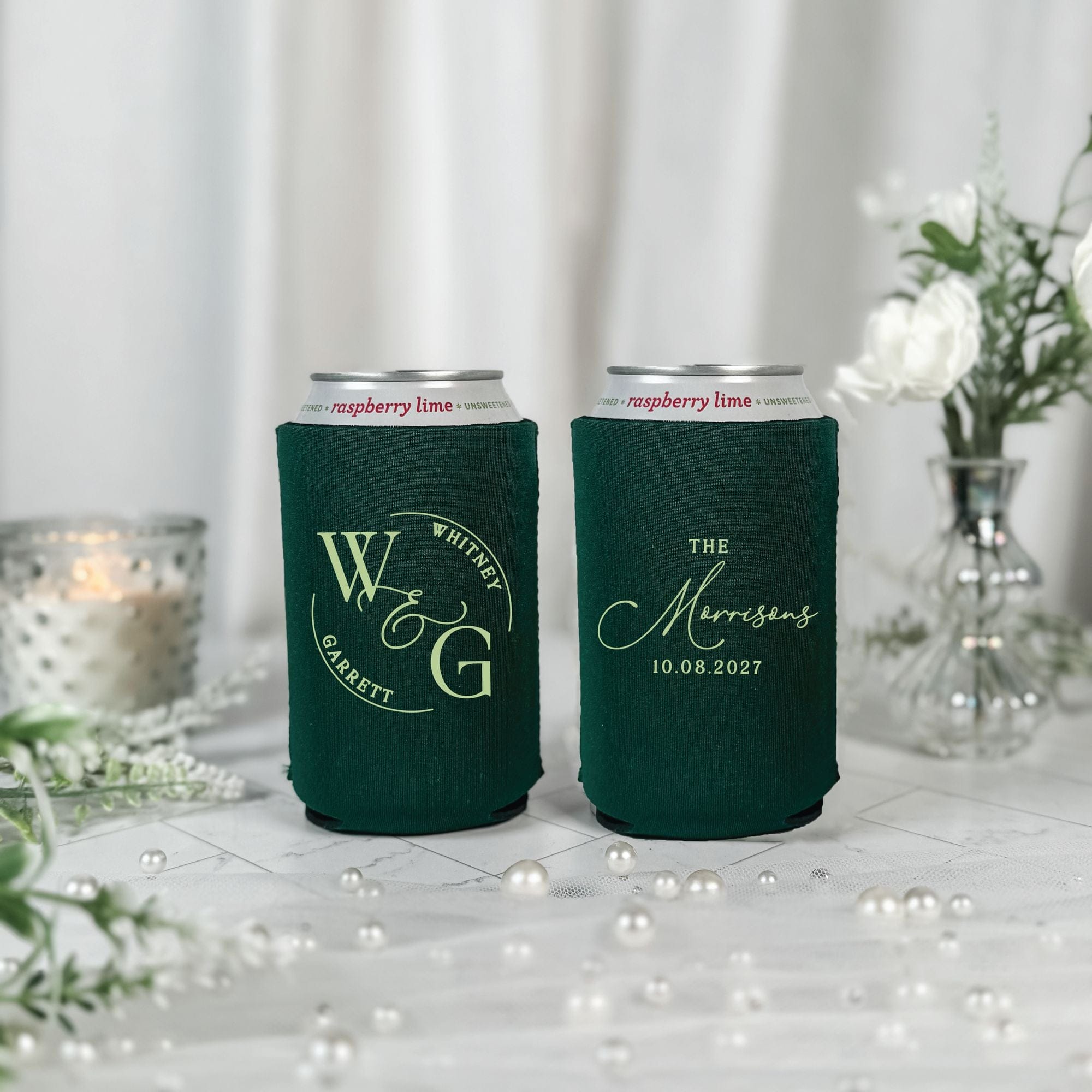 Circle Monogram Crest Wedding Can Cooler Forest Green Both Sides Shown – Rubi and Lib