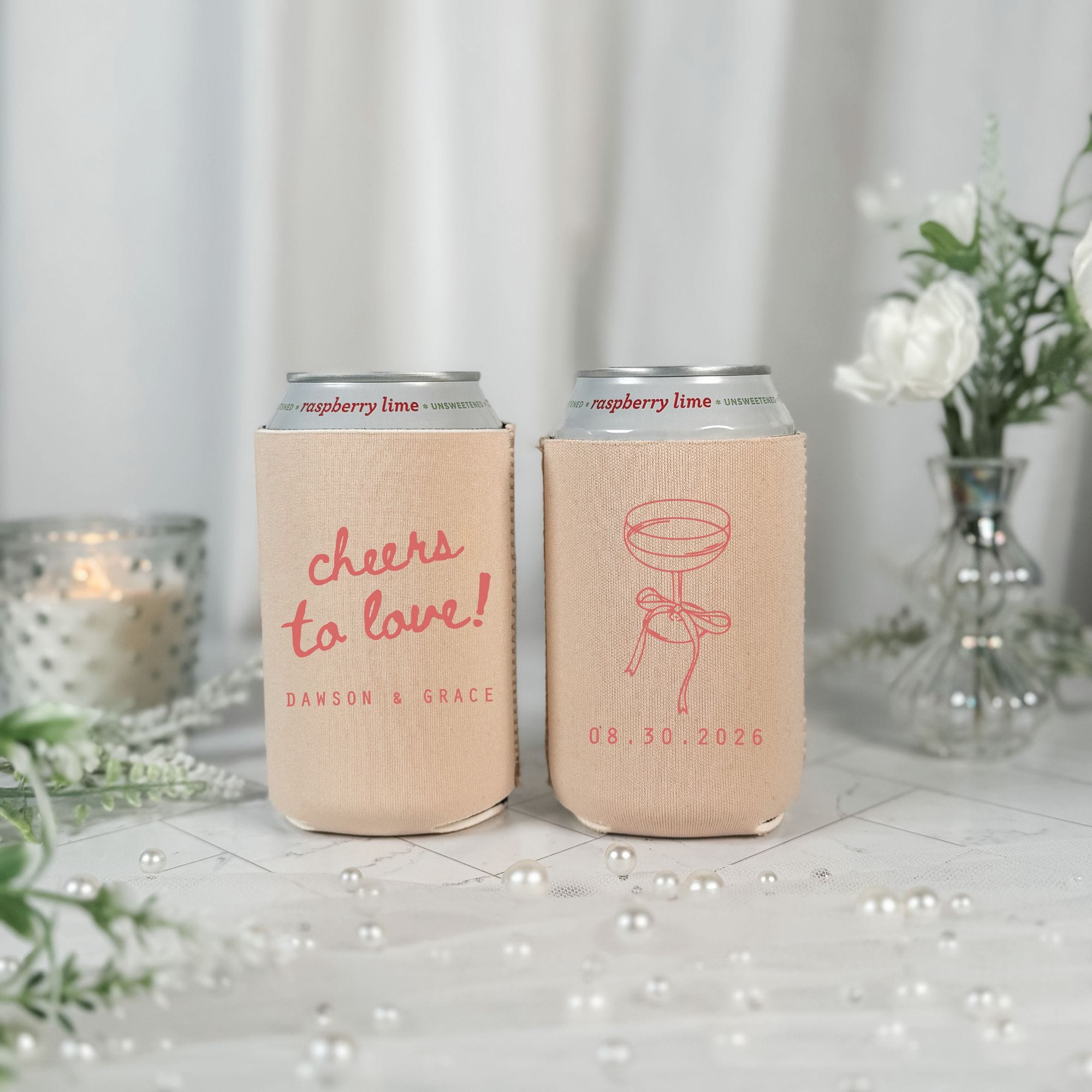 Cheers to Love Script Wedding Can Cooler Natural Nude with Coral Print – Rubi and Lib