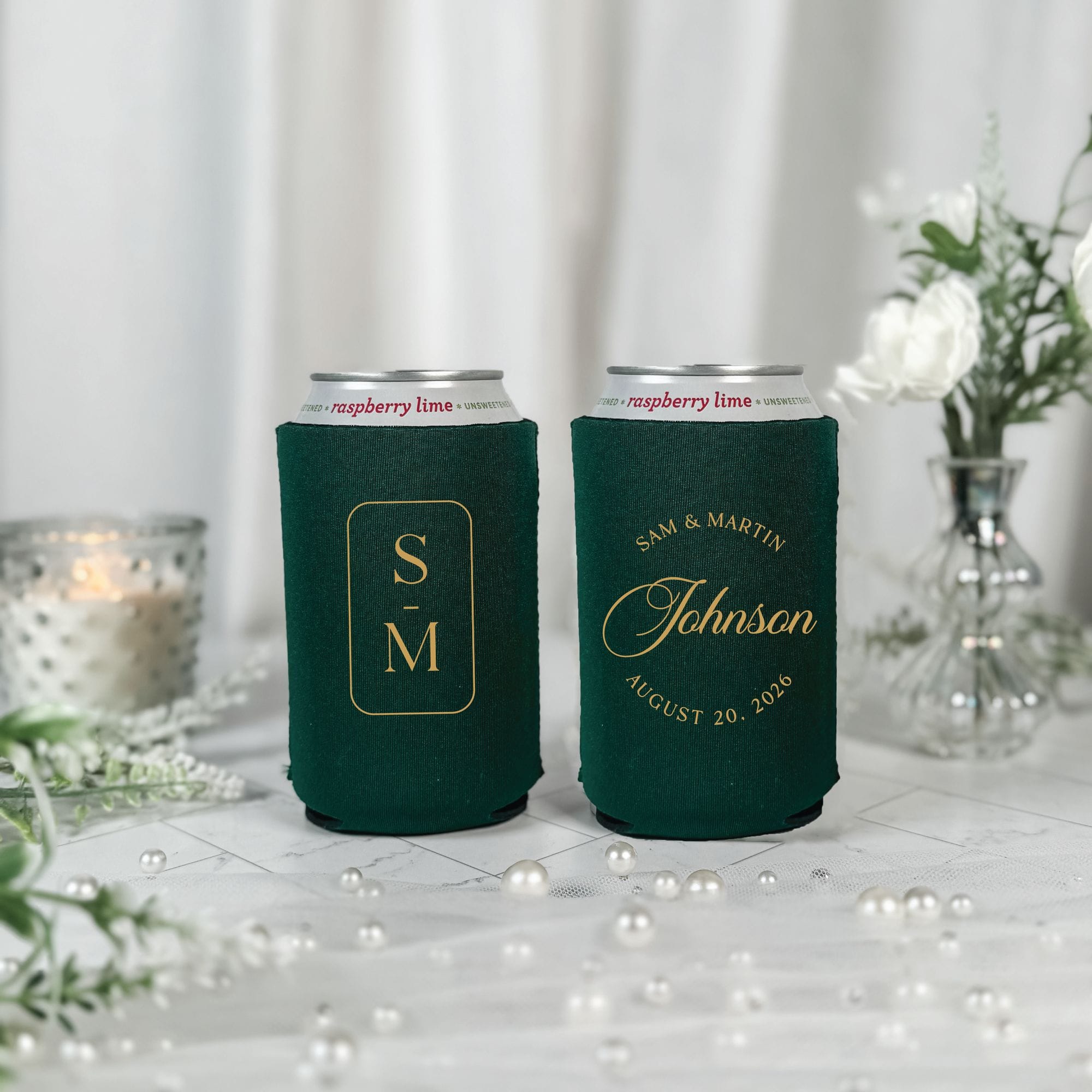 Monogram Script Wedding Can Cooler Hunter Green Gold Foil Print – Rubi and Lib