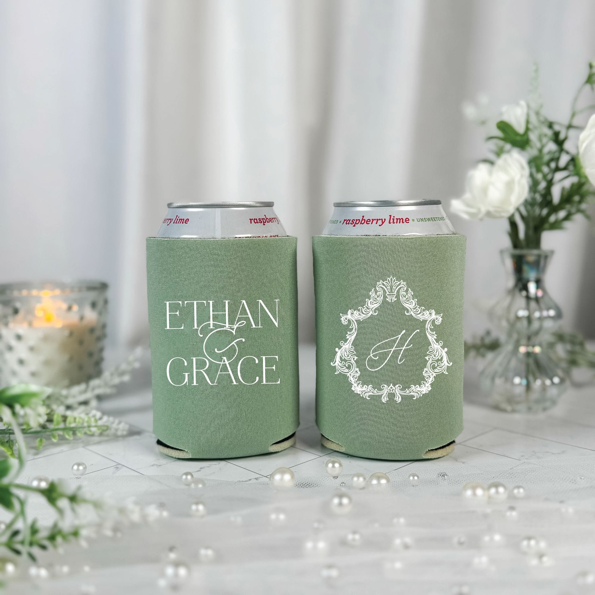 Baroque Crest Monogram Wedding Can Cooler Sage Green with White Print – Rubi and Lib