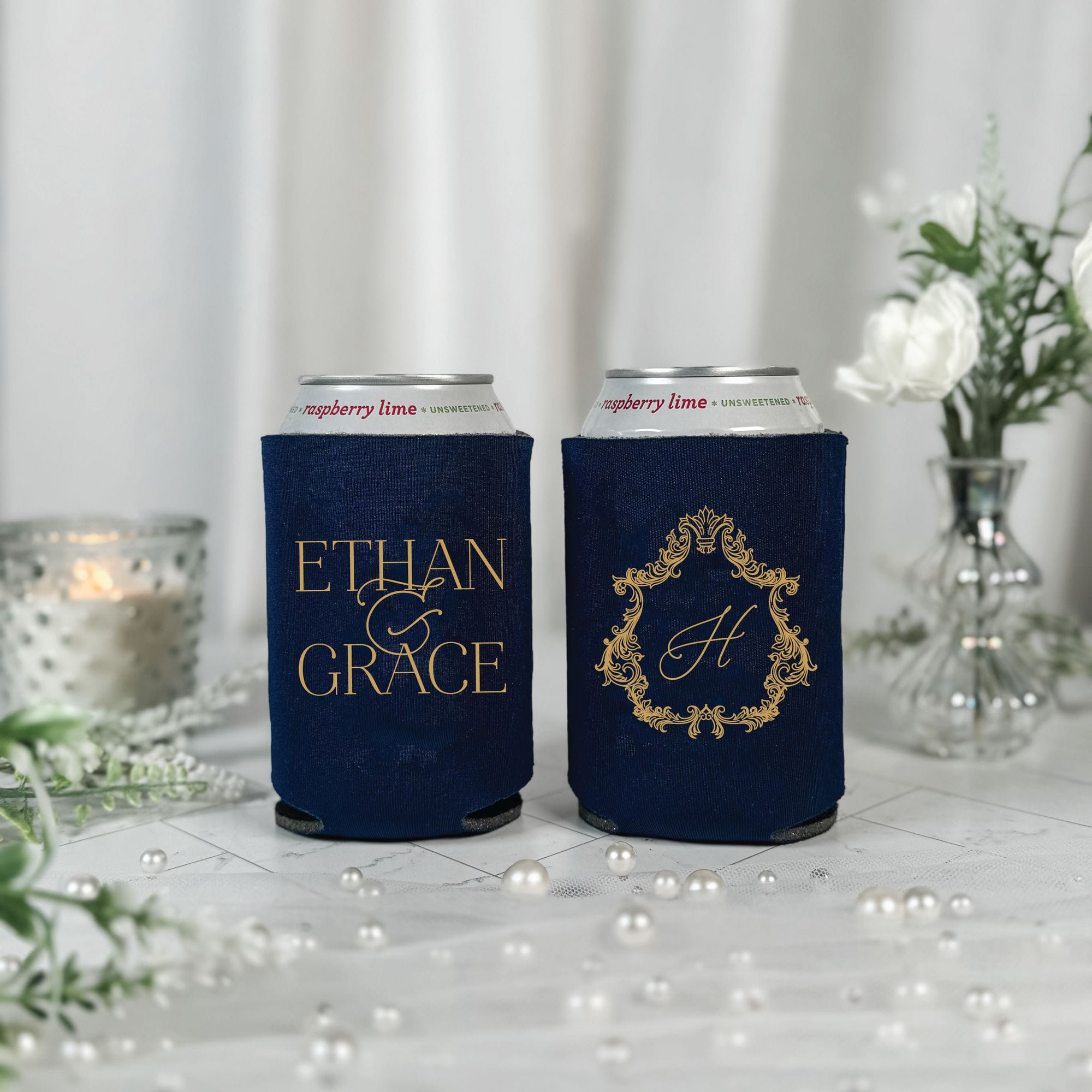 Baroque Crest Monogram Wedding Can Cooler Navy with Gold Print – Rubi and Lib