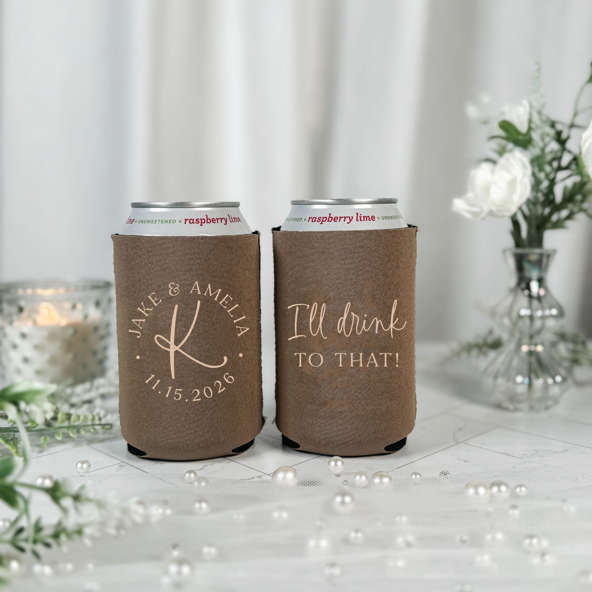 Circle Monogram Script Wedding Can Cooler Kraft Brown – Rubi and Lib