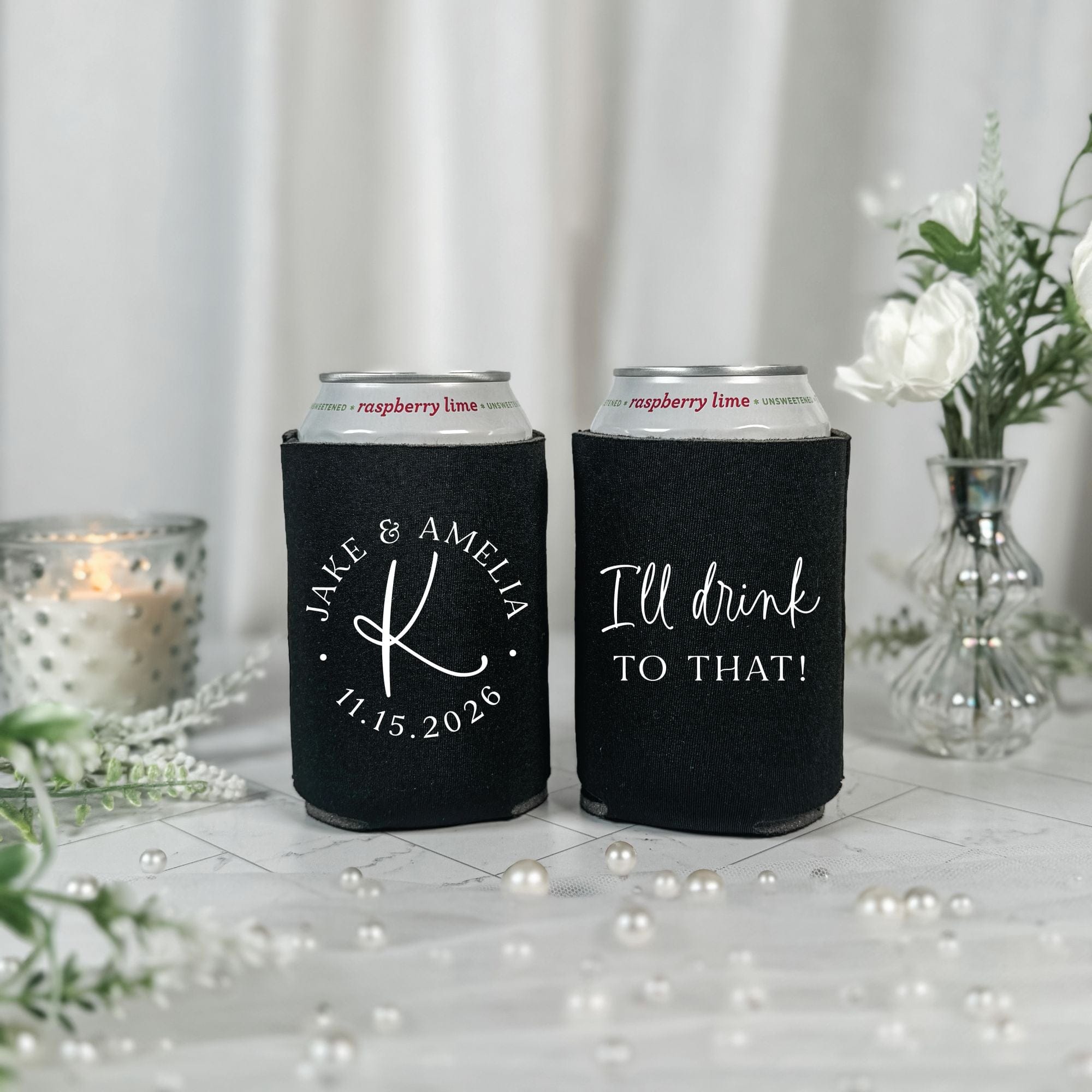 Circle Monogram Script Wedding Can Cooler Black with White Ink – Rubi and Lib