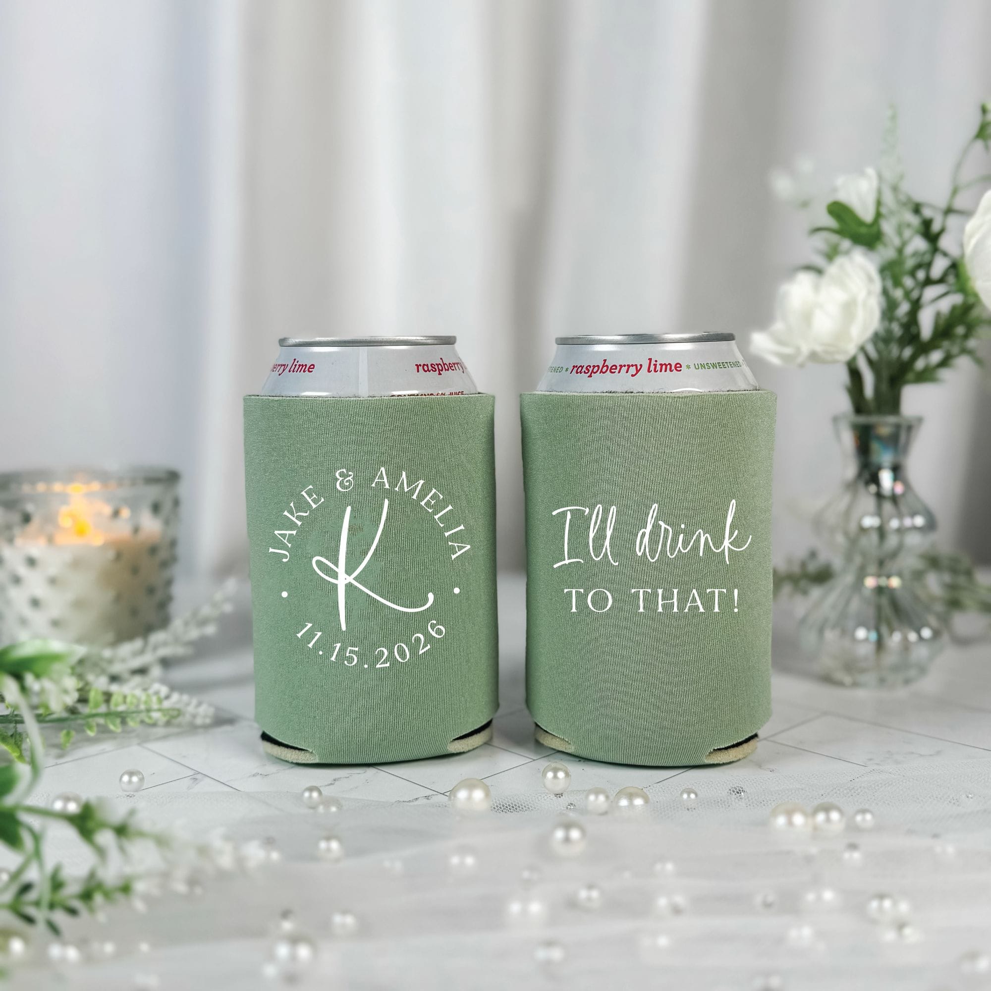 Circle Monogram Script Wedding Can Cooler Sage Green – Rubi and Lib