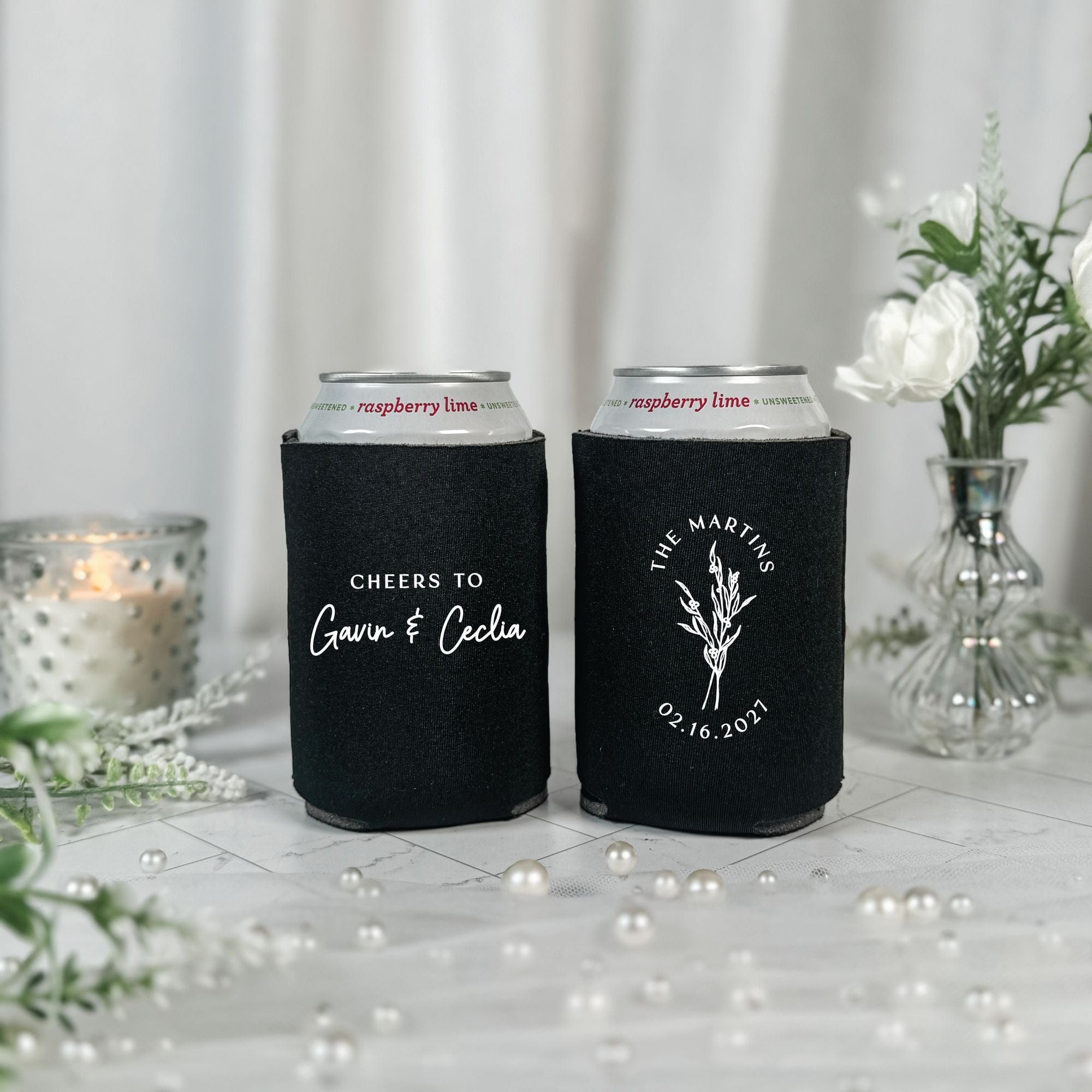 Botanical Script Wedding Can Cooler Black with White Print – Rubi and Lib