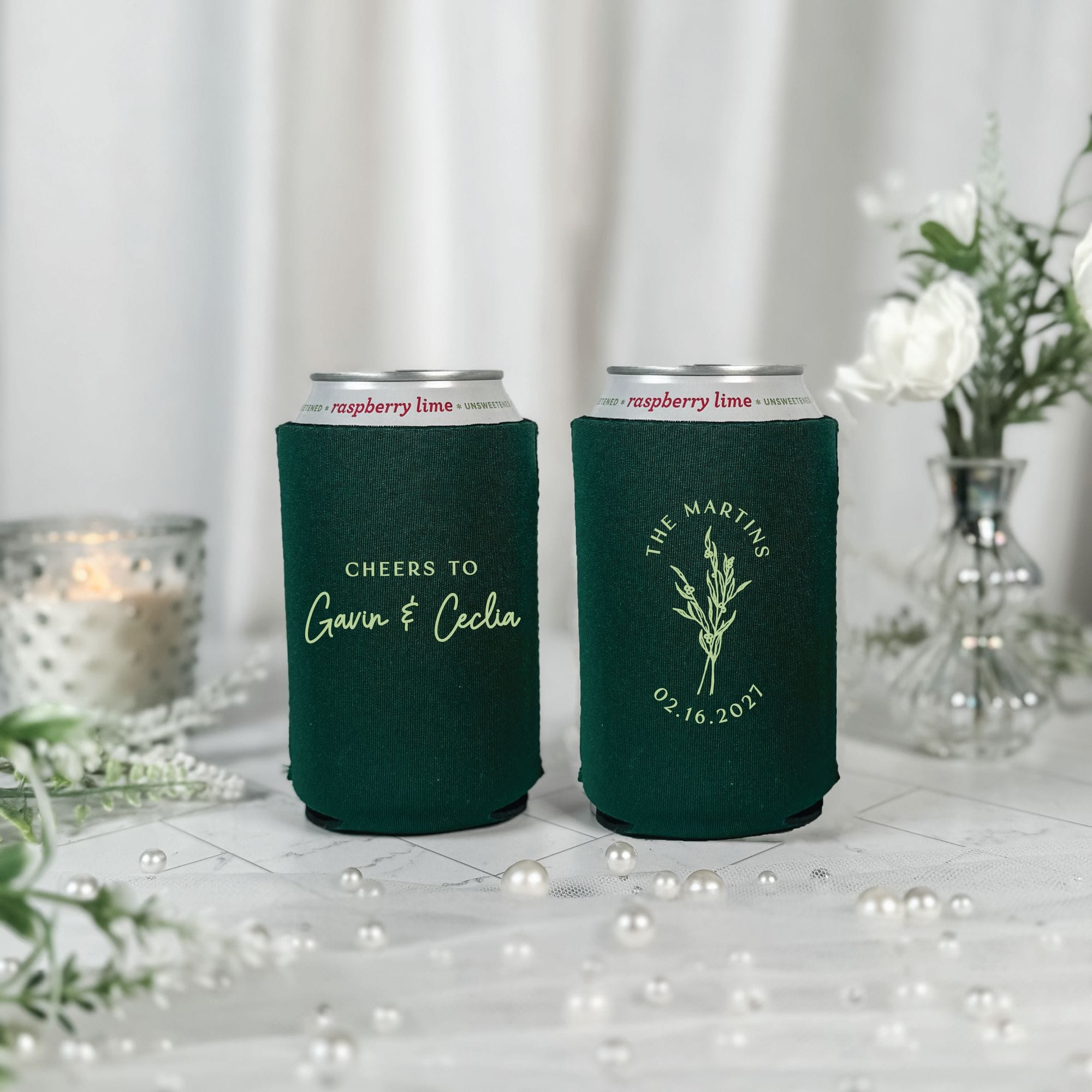 Botanical Script Wedding Can Cooler Forest Green with Gold Ink – Rubi and Lib